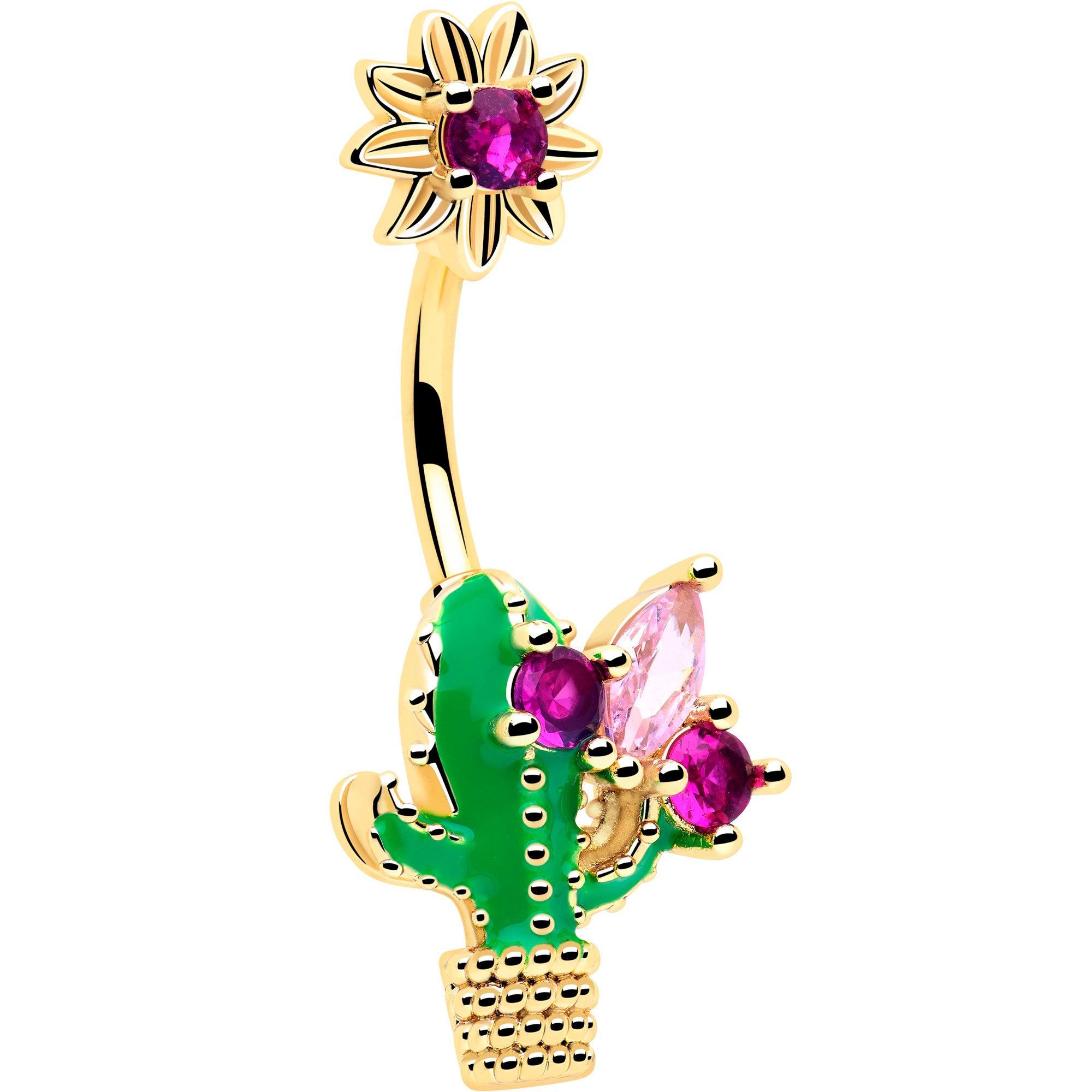 Pink CZ gold tone floral cactus double mount belly ring