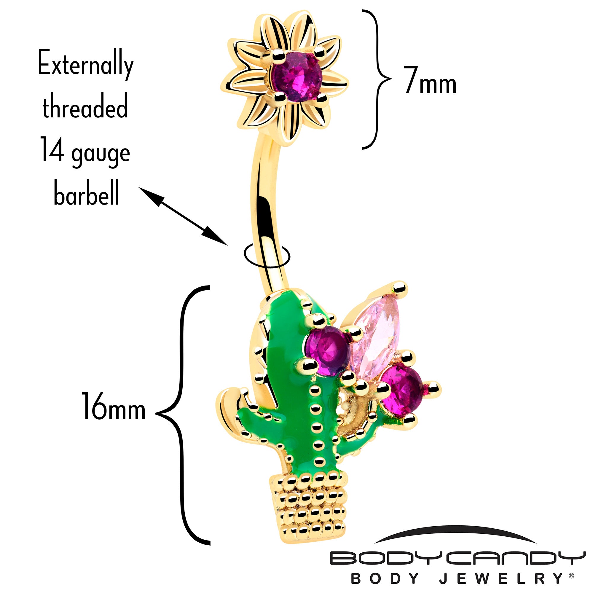 Pink cubic zirconia cactus belly button ring