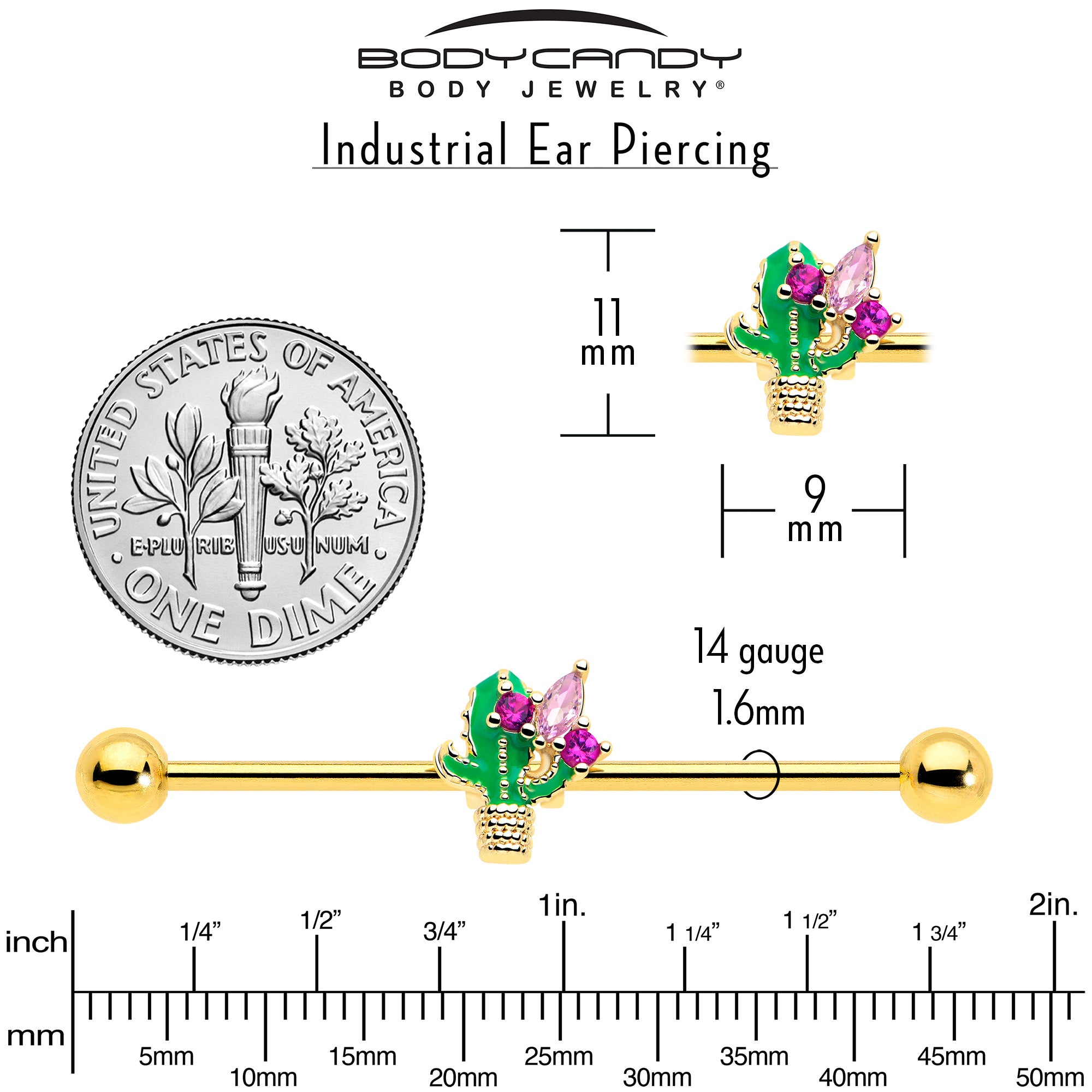 Floral cactus themed industrial ear bar 38mm