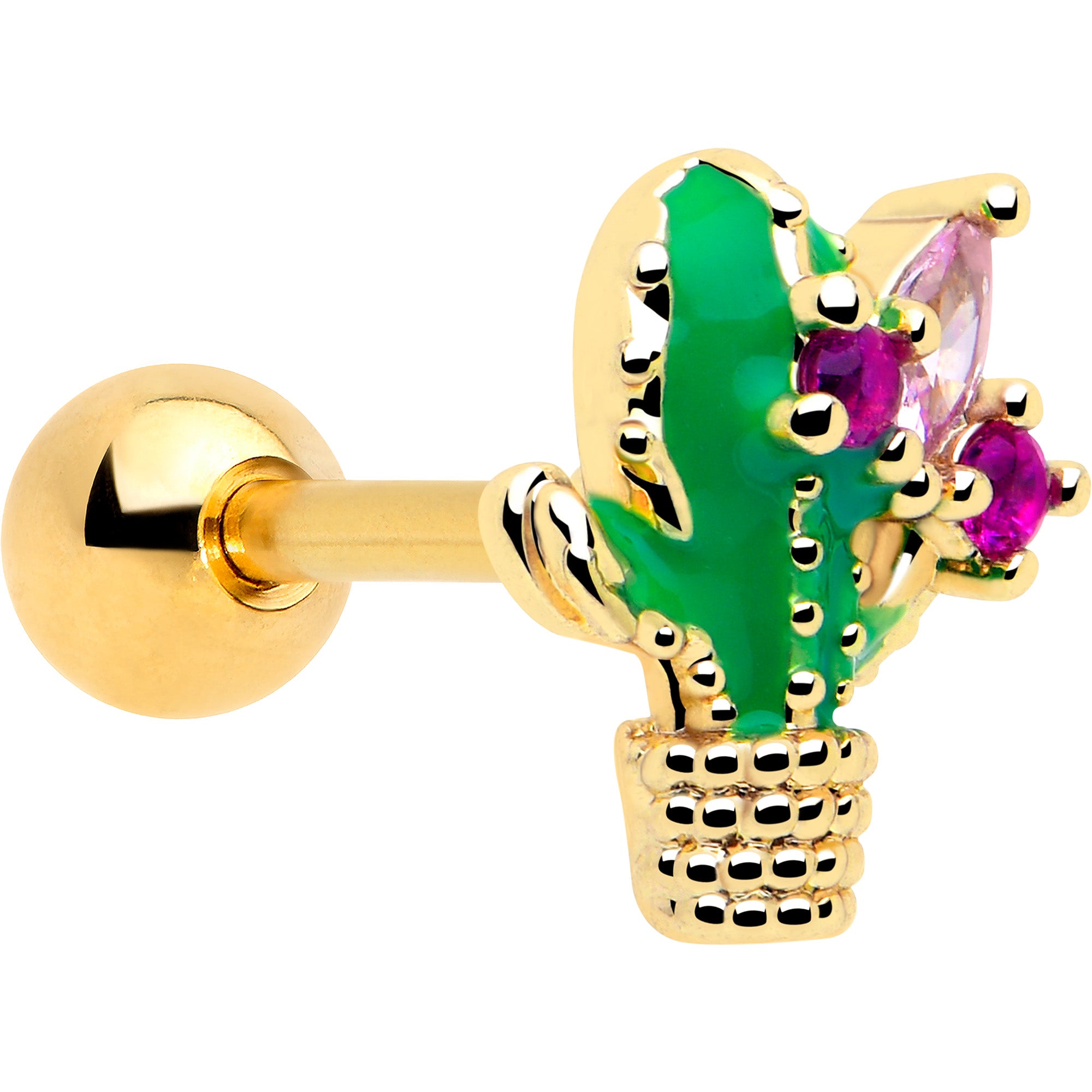 Pink CZ floral cactus cartilage tragus earring 16G 1/4