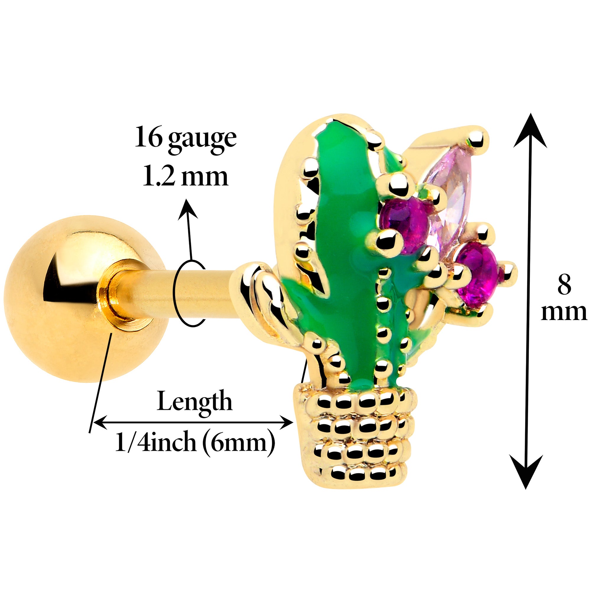 Gold tone cactus floral tragus stud with pink CZ