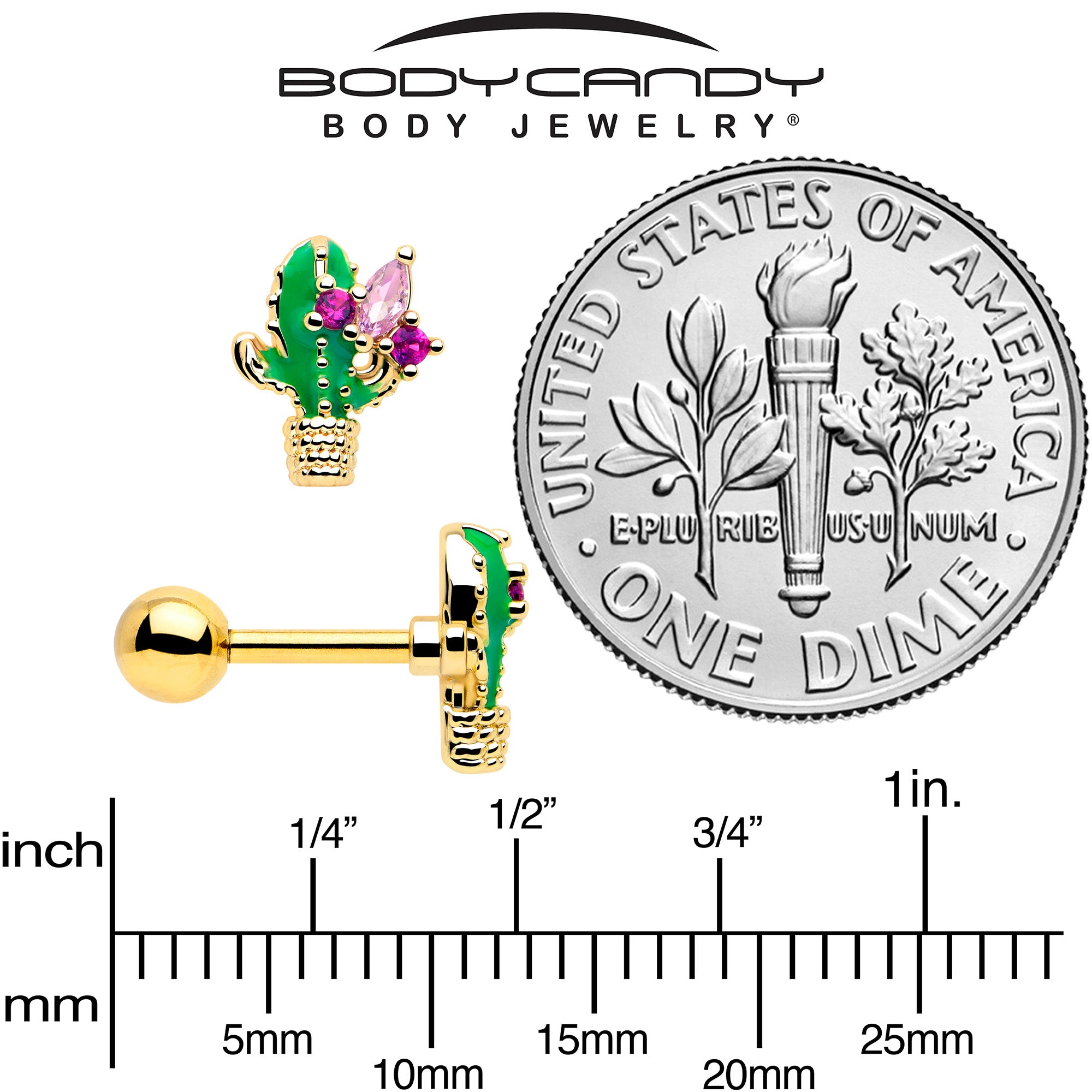 Floral cactus 16G tragus stud gold tone