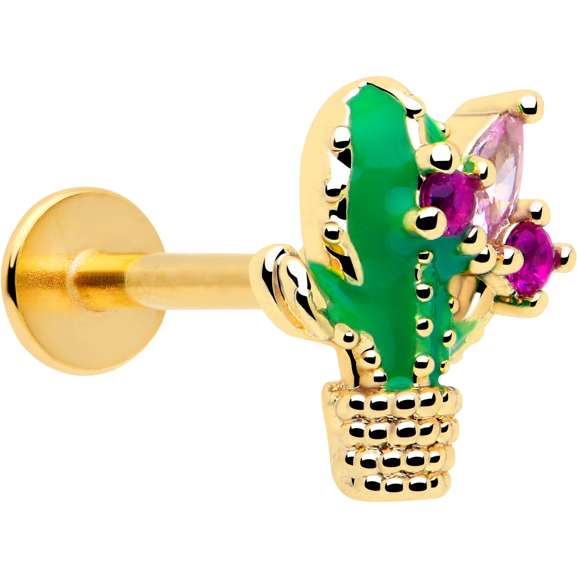 16G pink CZ gold tone floral cactus labret stud