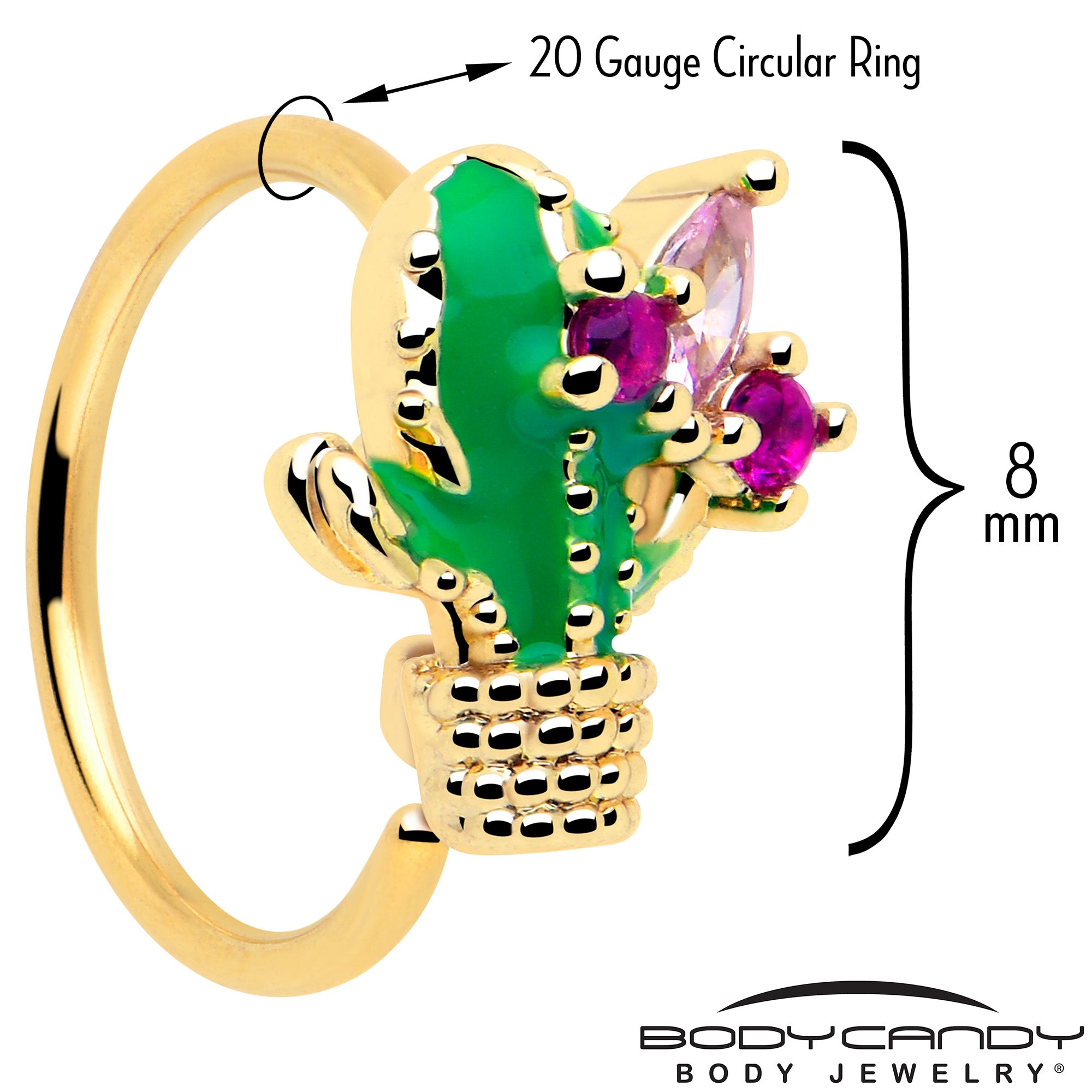 Gold tone cactus nose ring with pink CZ