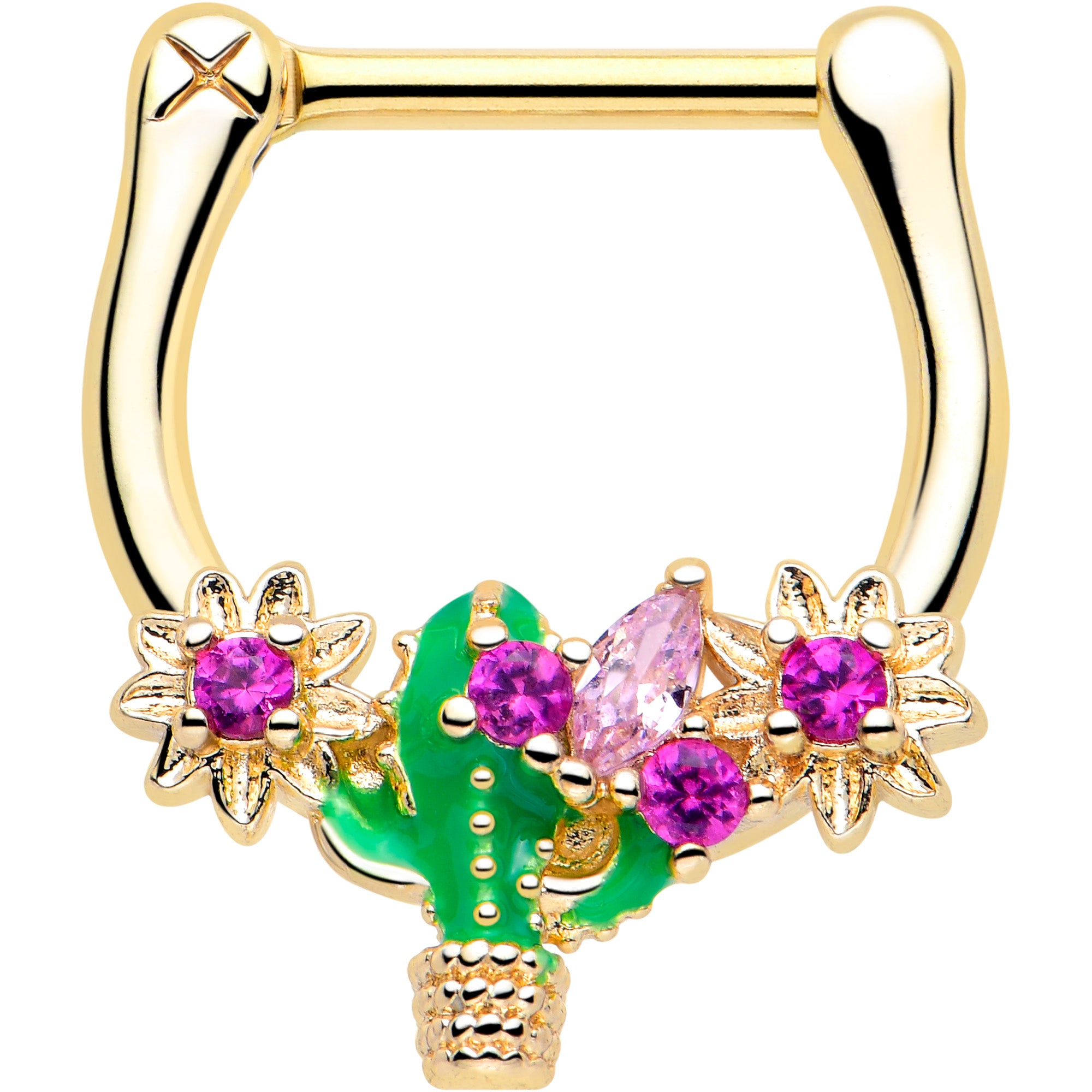 16 Gauge 5/16 Pink CZ Gem Gold Tone Floral Cactus Cartilage Clicker