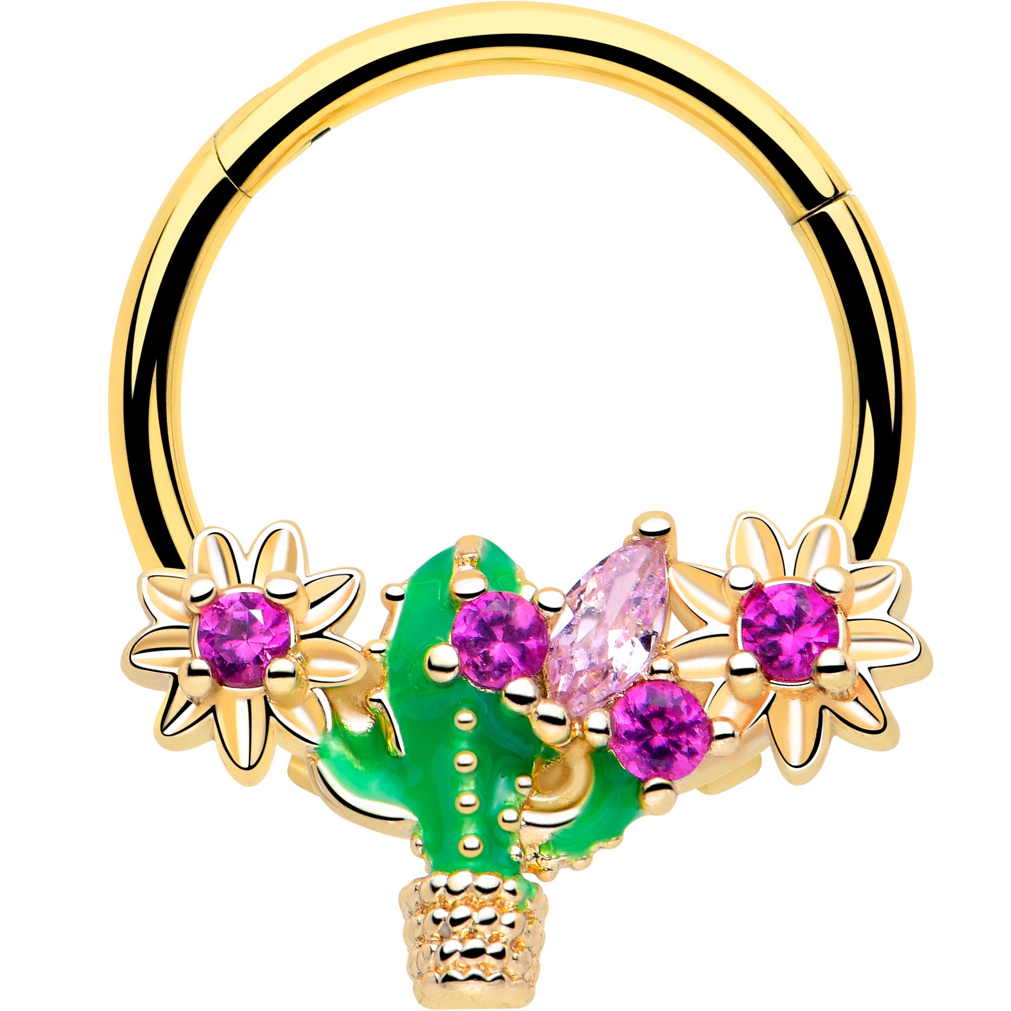 Pink CZ floral cactus hinged segment ring 16G gold tone