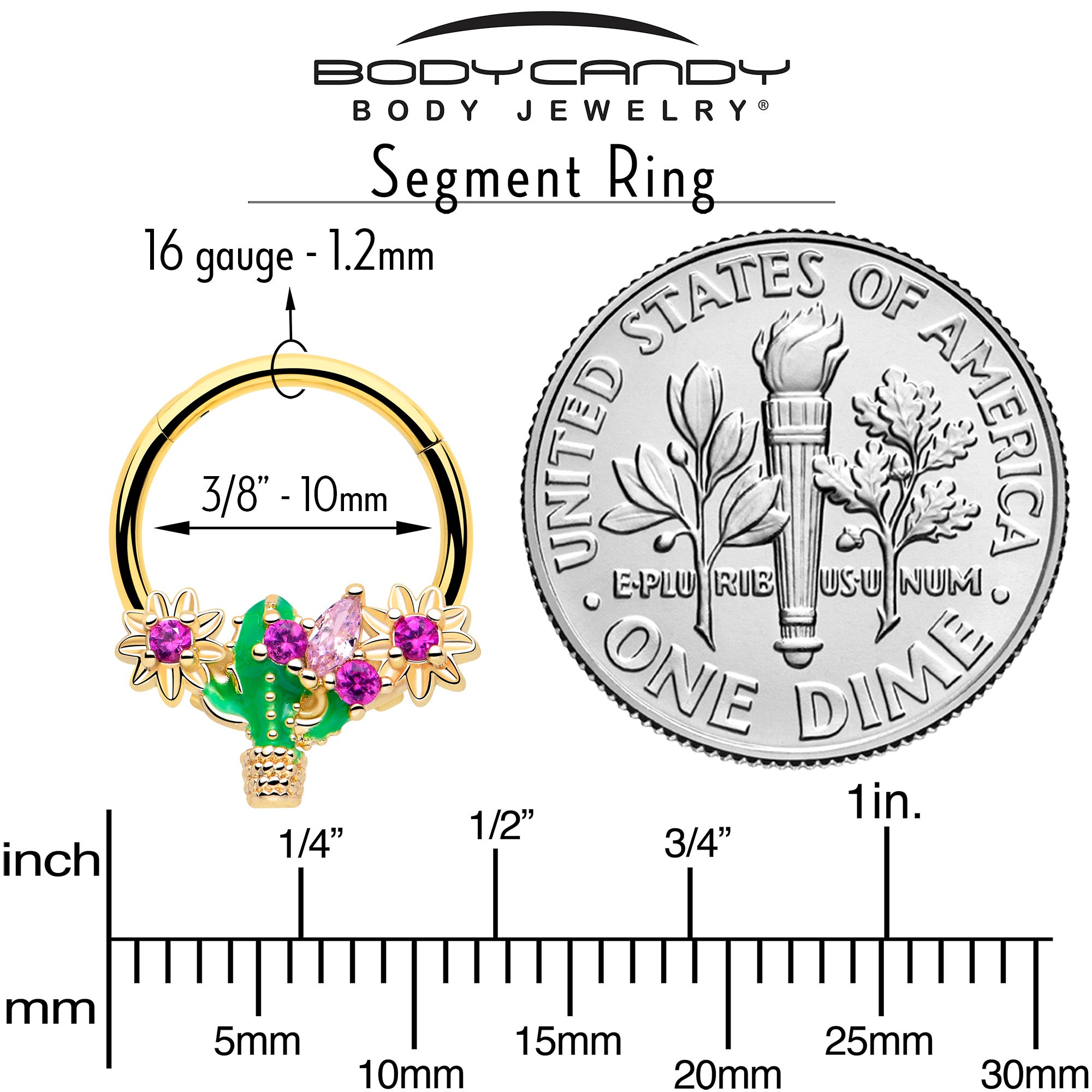 Floral cactus septum or daith ring with pink CZ accent