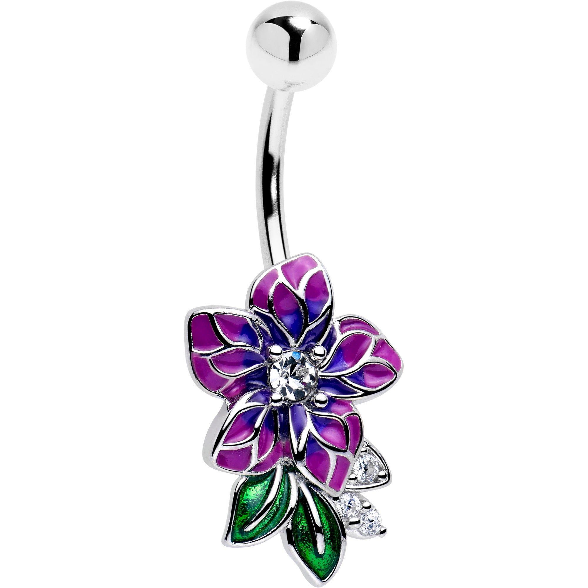 Clear CZ Gem Flower Purple Belly Ring