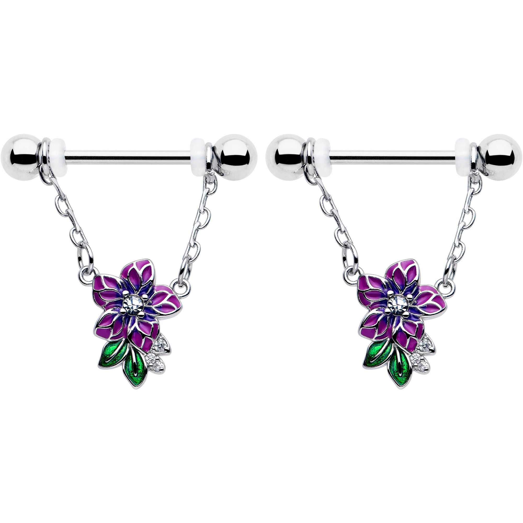 Clear CZ Gem Flower Purple Chain Dangle Nipple Ring Set 14 Gauge