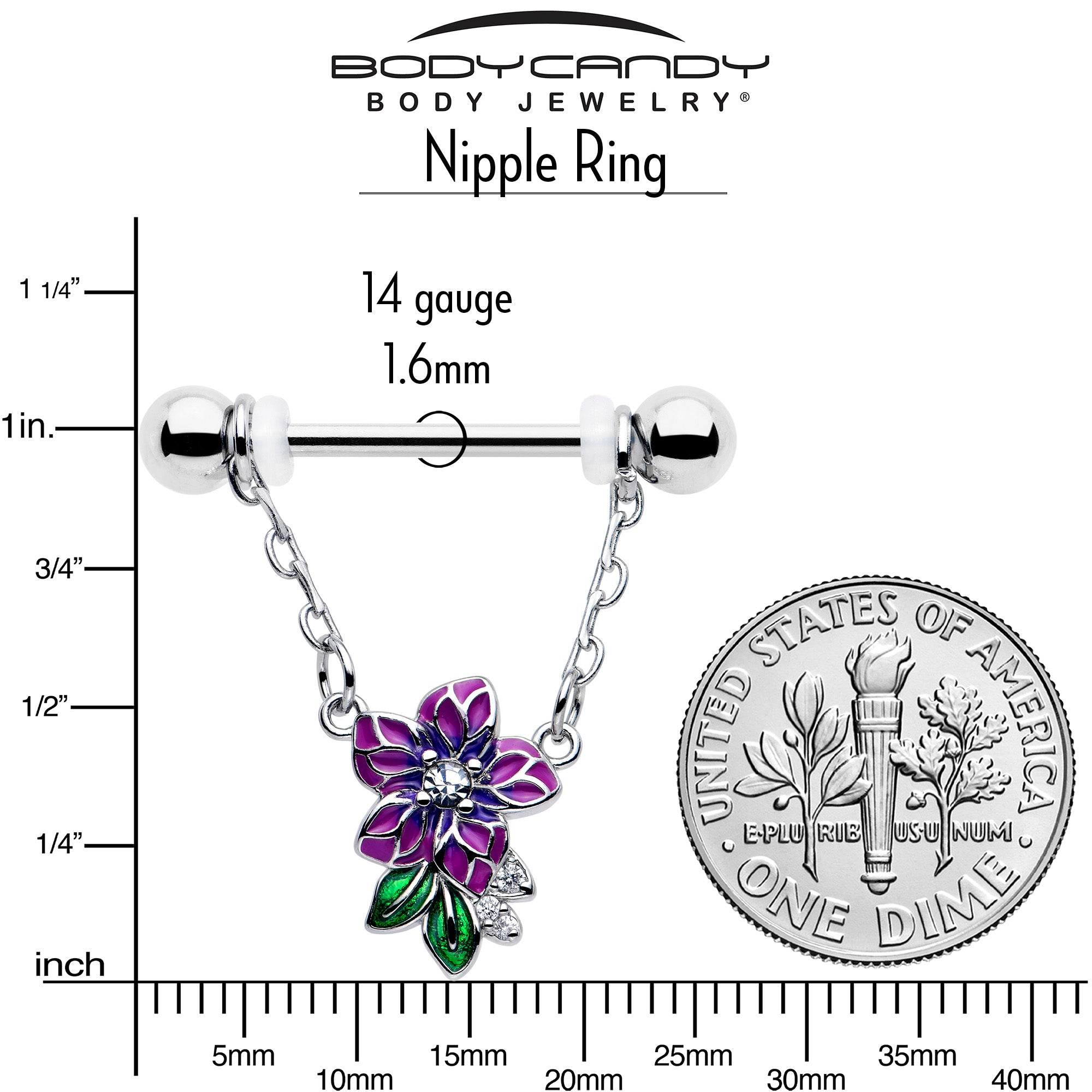 14 Gauge Flower Purple Chain Dangle Nipple Rings with Clear CZ