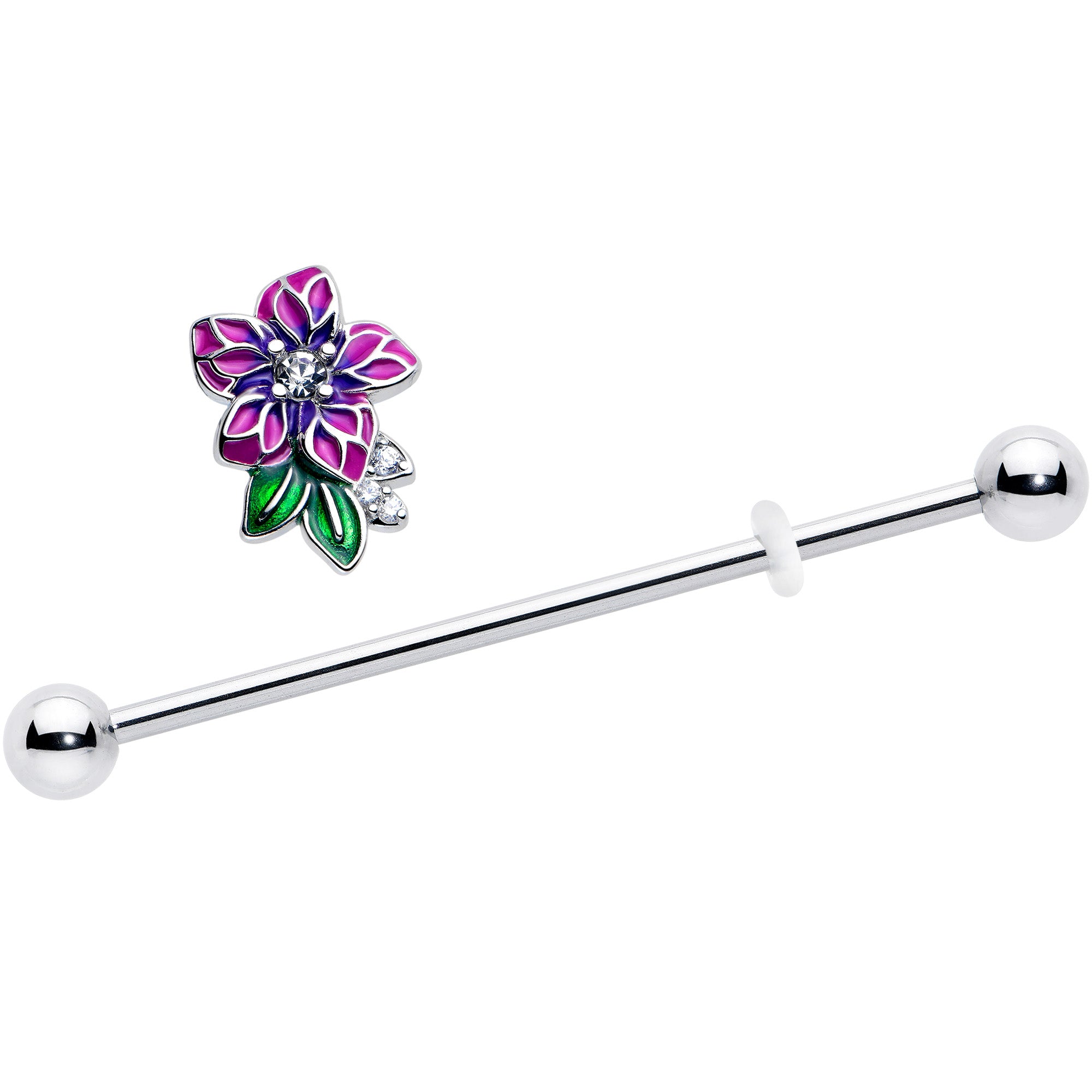 Clear CZ Gem Flower Industrial Barbell 14 Gauge Purple