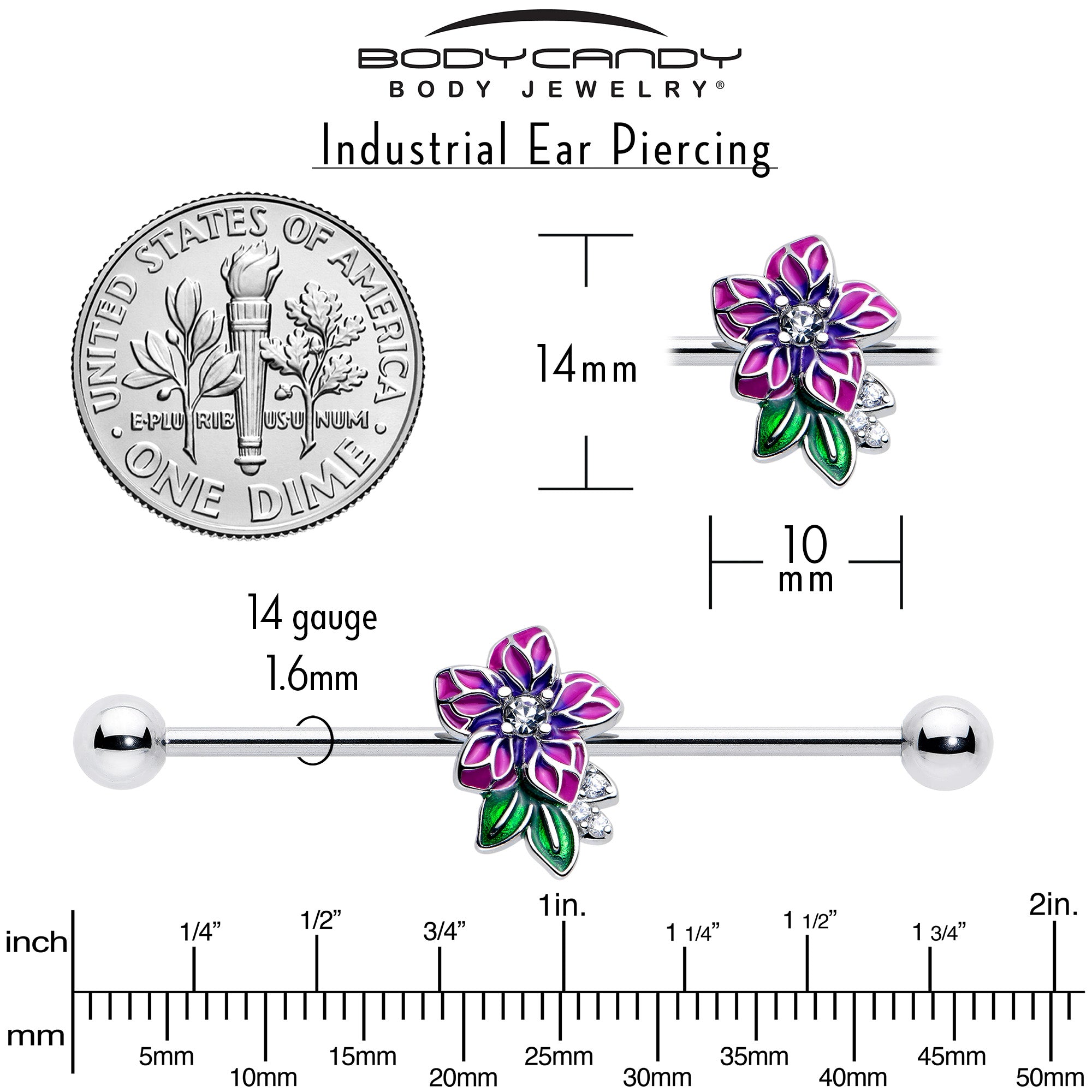 Clear CZ Gem Industrial Barbell Purple Flower Design