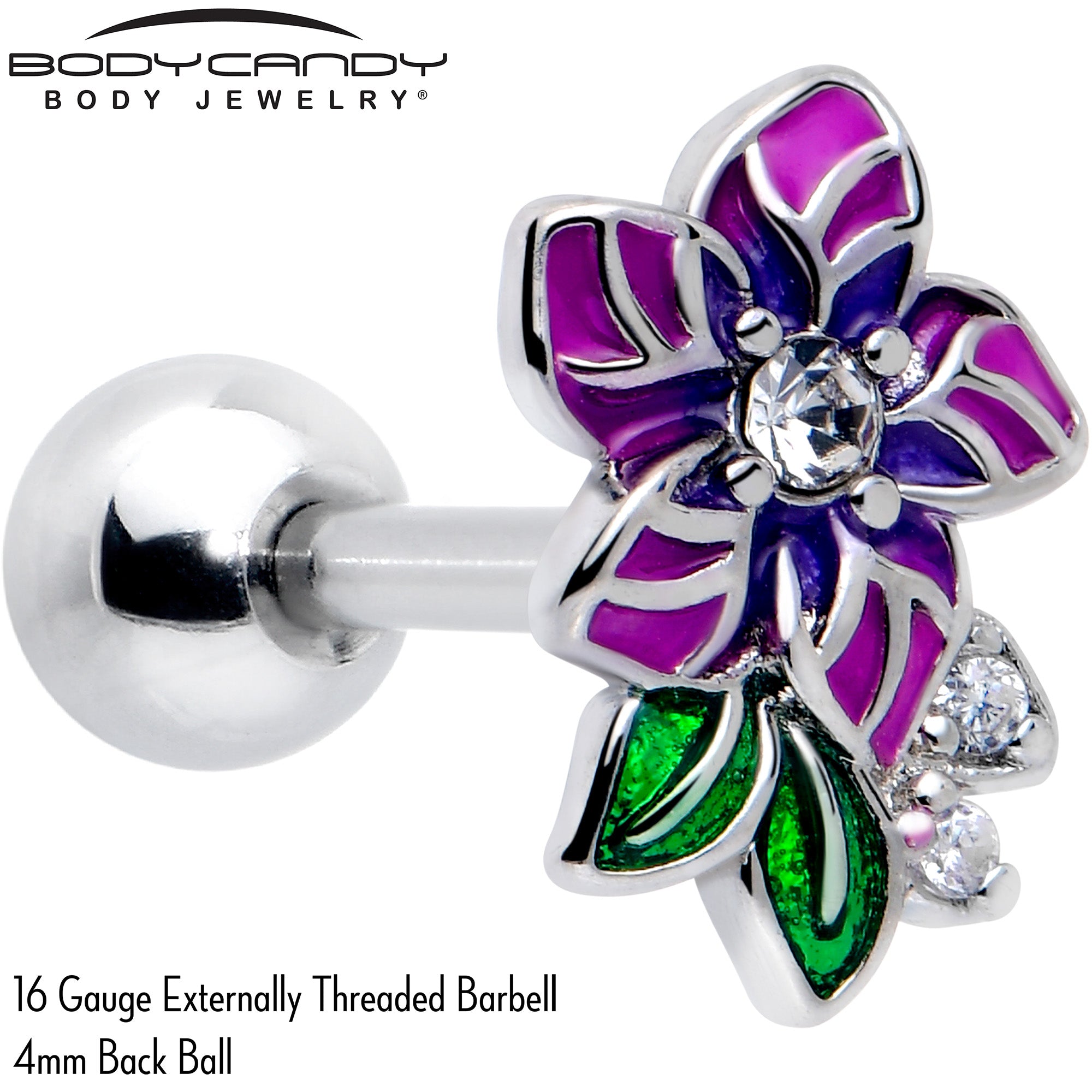 16 Gauge Clear CZ Gem Flower Purple Tragus Cartilage Earring