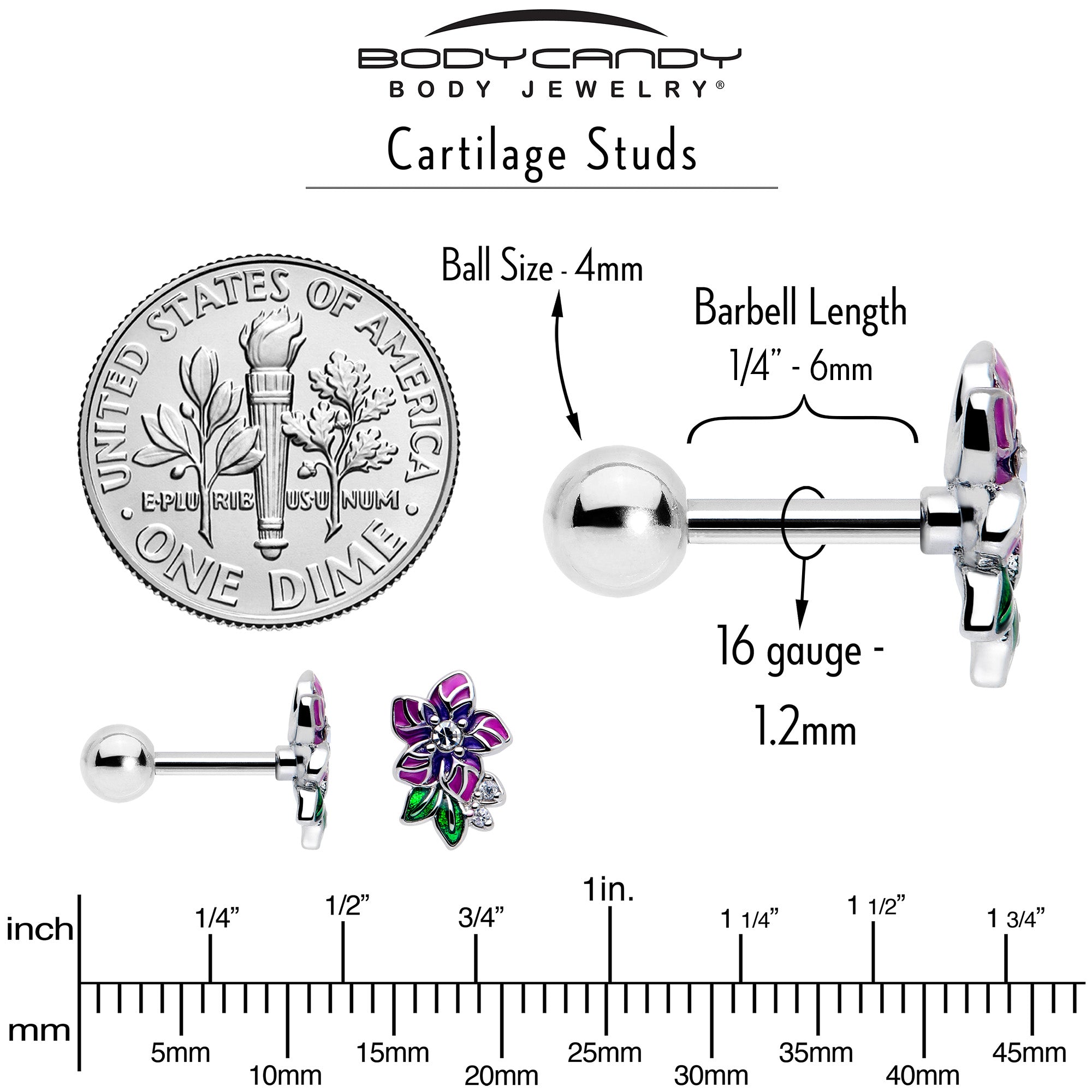 16 Gauge Purple Flower Cartilage Earring with Clear CZ Gem