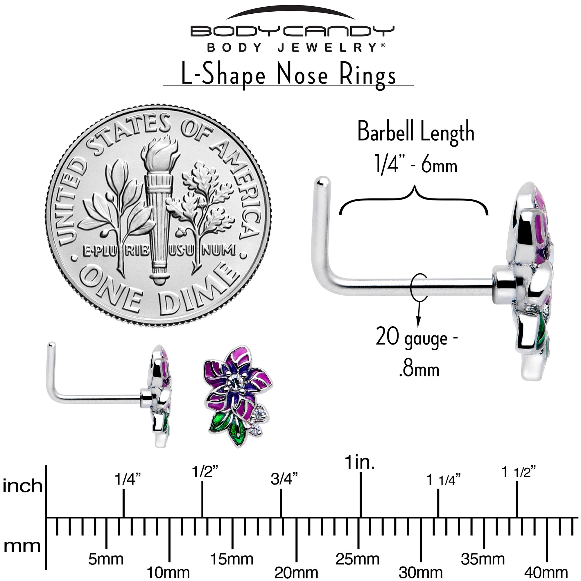 20 Gauge Purple Flower L Shape Nose Ring