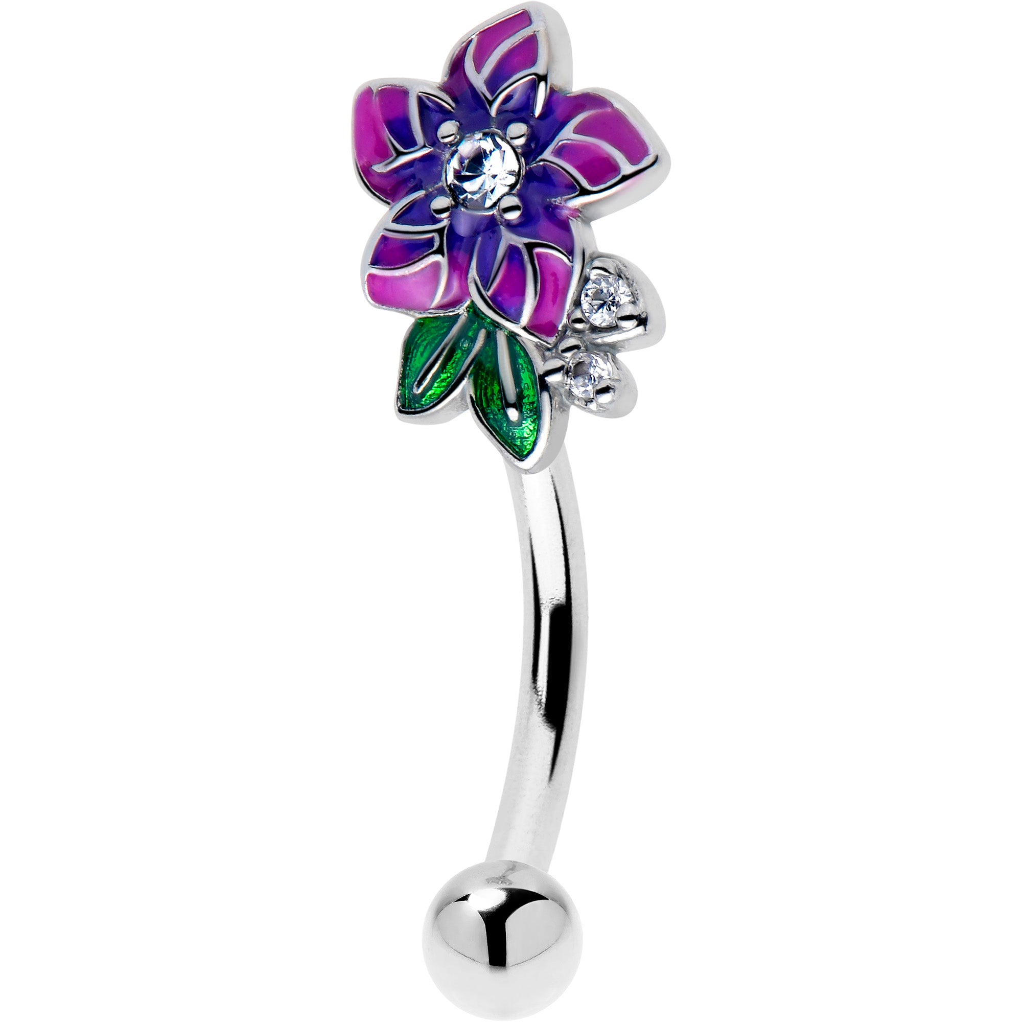 16 Gauge 5/16 Clear CZ Gem Flower Purple Curved Eyebrow Ring