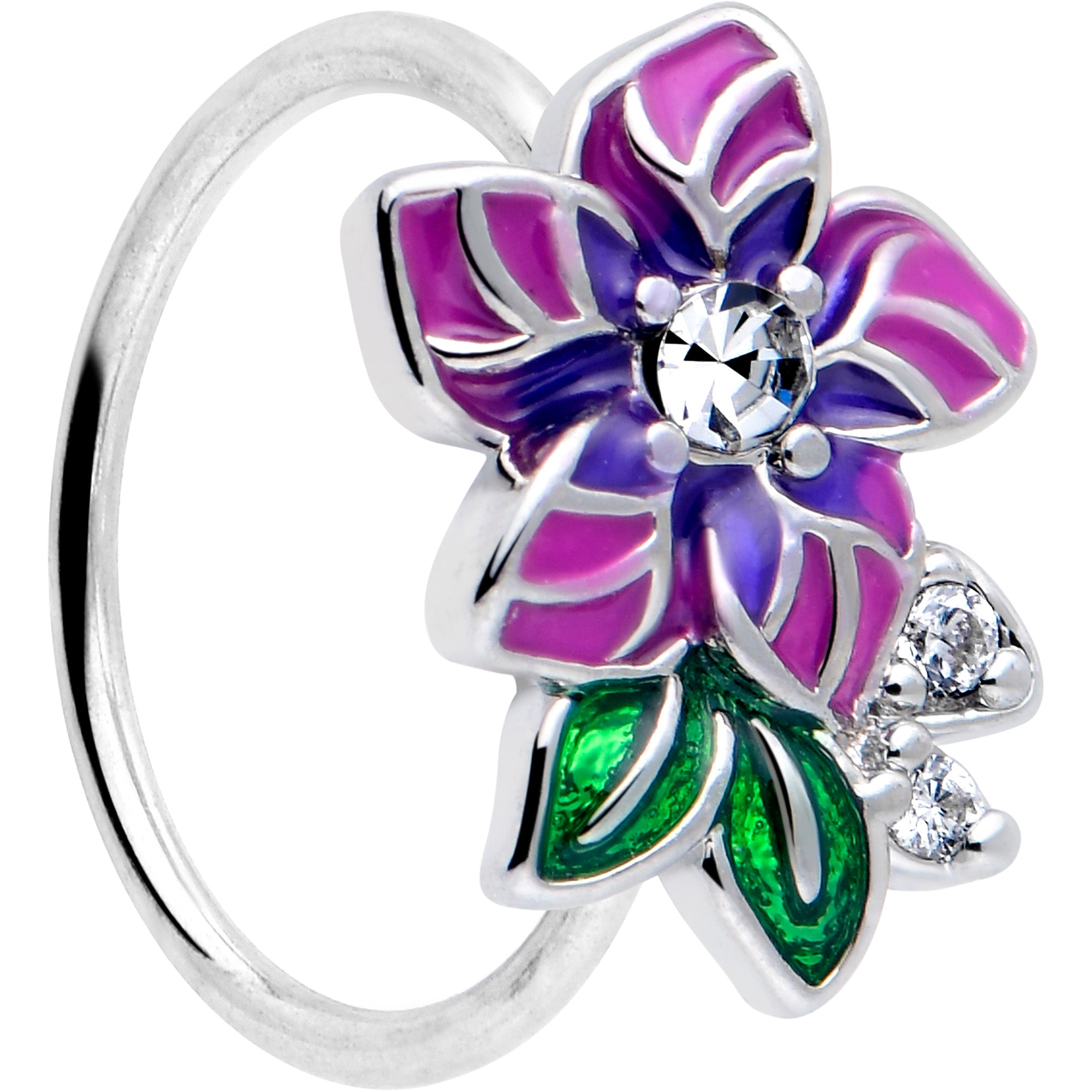 20 Gauge 5/16 Clear CZ Gem Flower Purple Nose Hoop