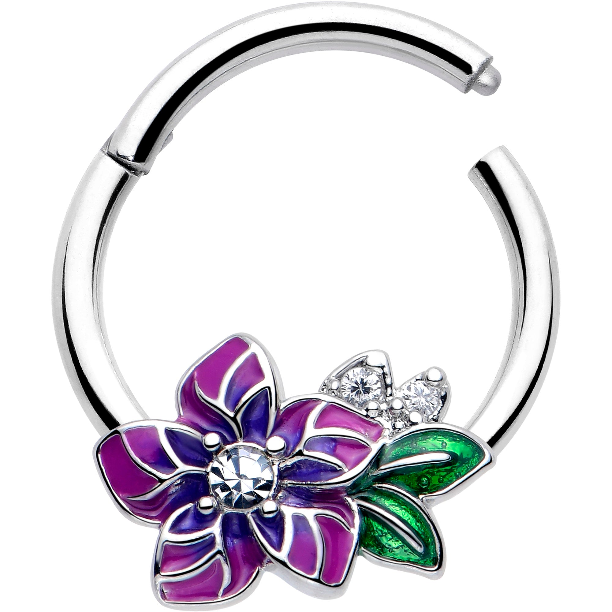16 Gauge Purple Flower Hinged Segment Ring with CZ Gem