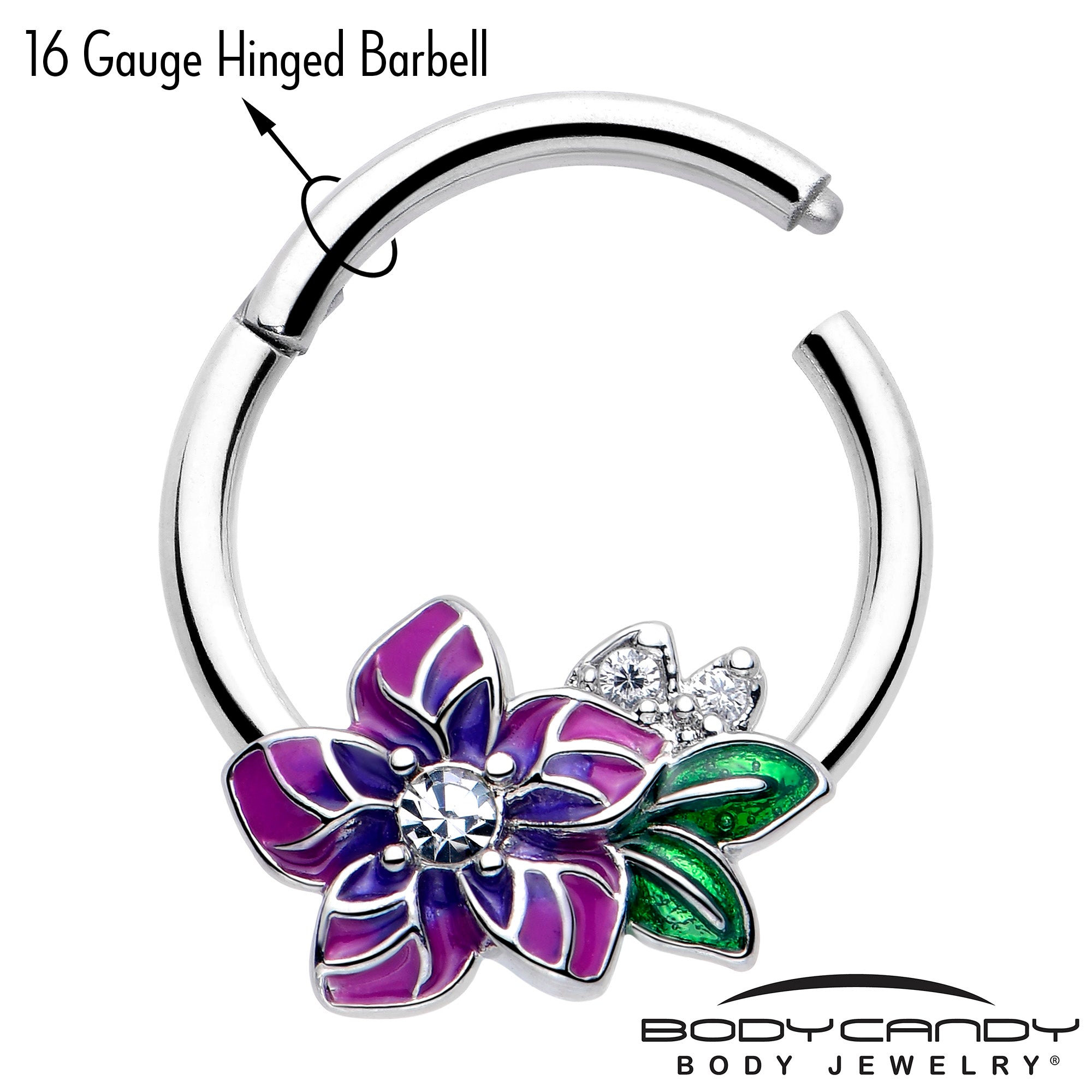 16G 3/8 Clear CZ Flower Segment Ring with Purple Accent