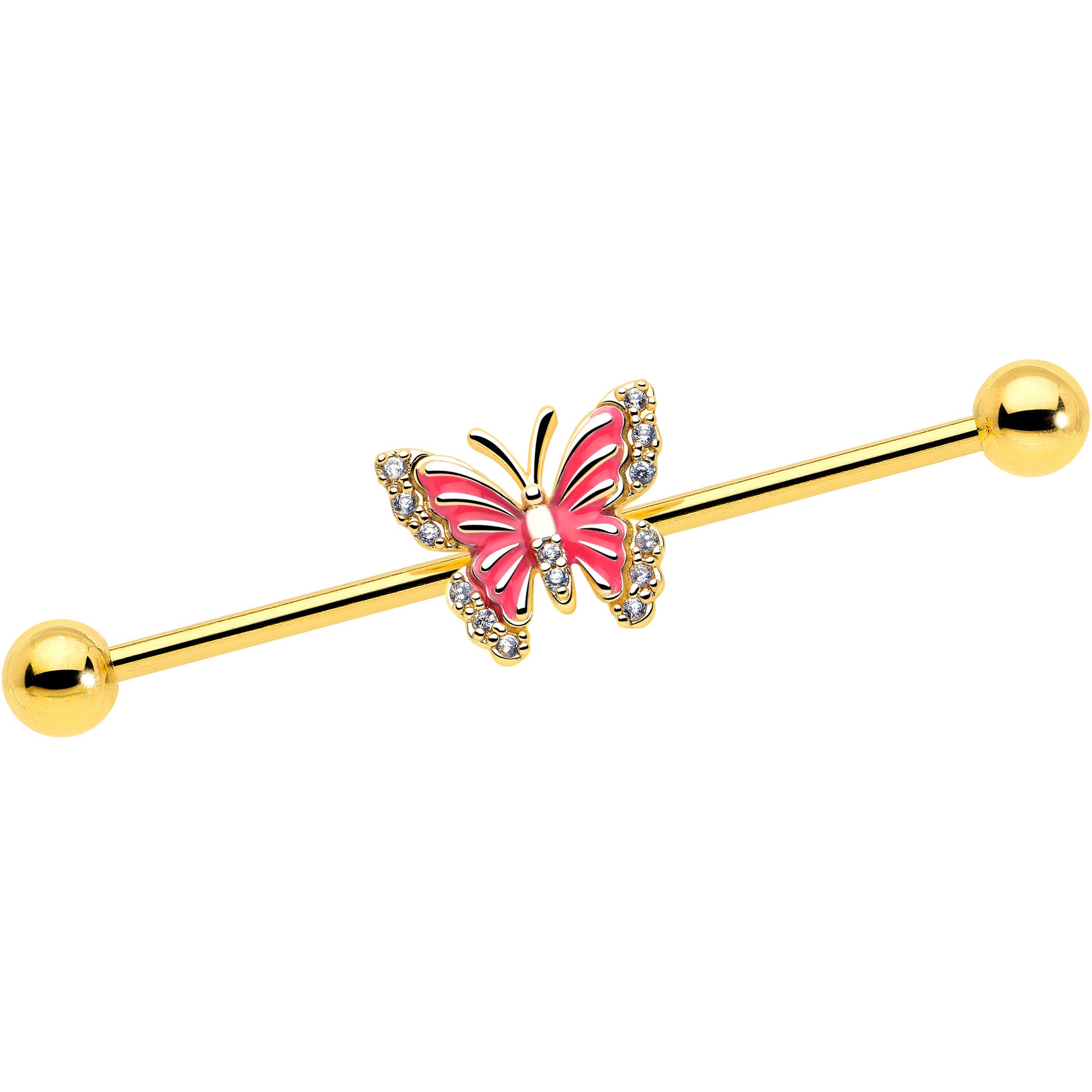 14G clear CZ gold tone butterfly pink splash industrial barbell