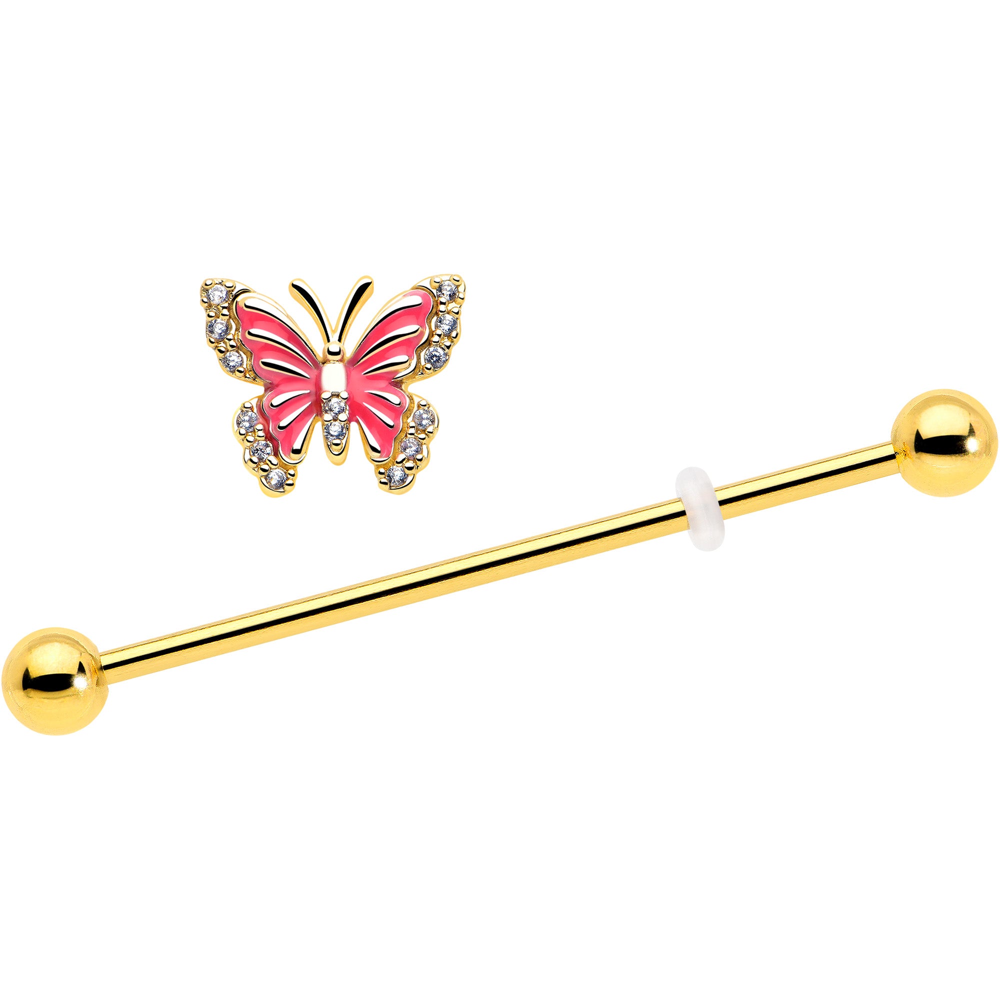 clear CZ butterfly industrial barbell gold tone 14G