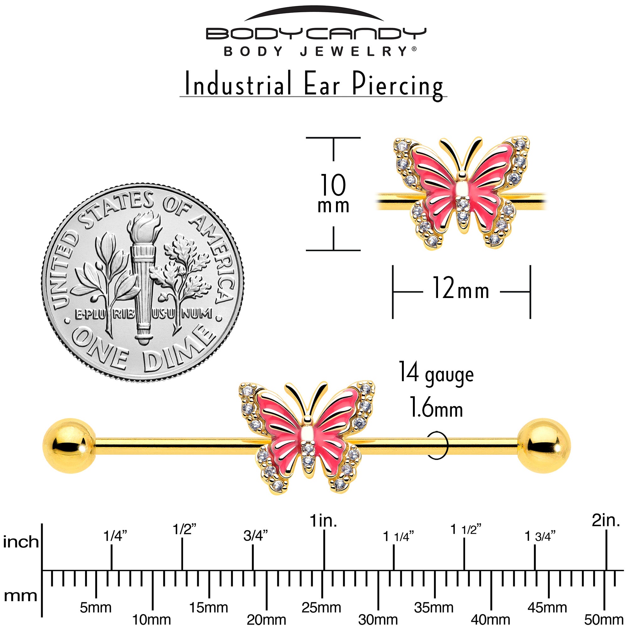 butterfly barbell piercing pink splash design 38mm