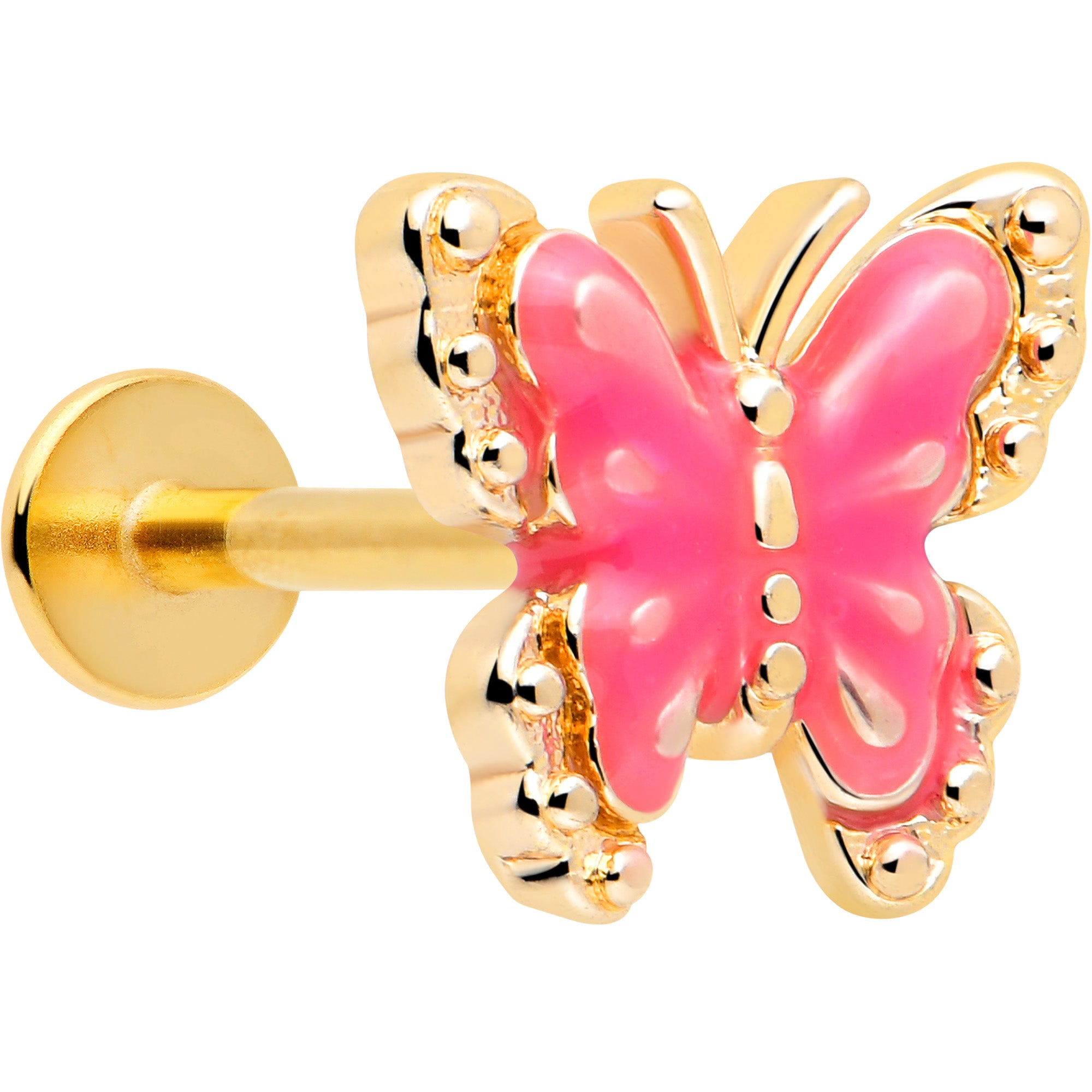 16G gold tone butterfly pink splash labret