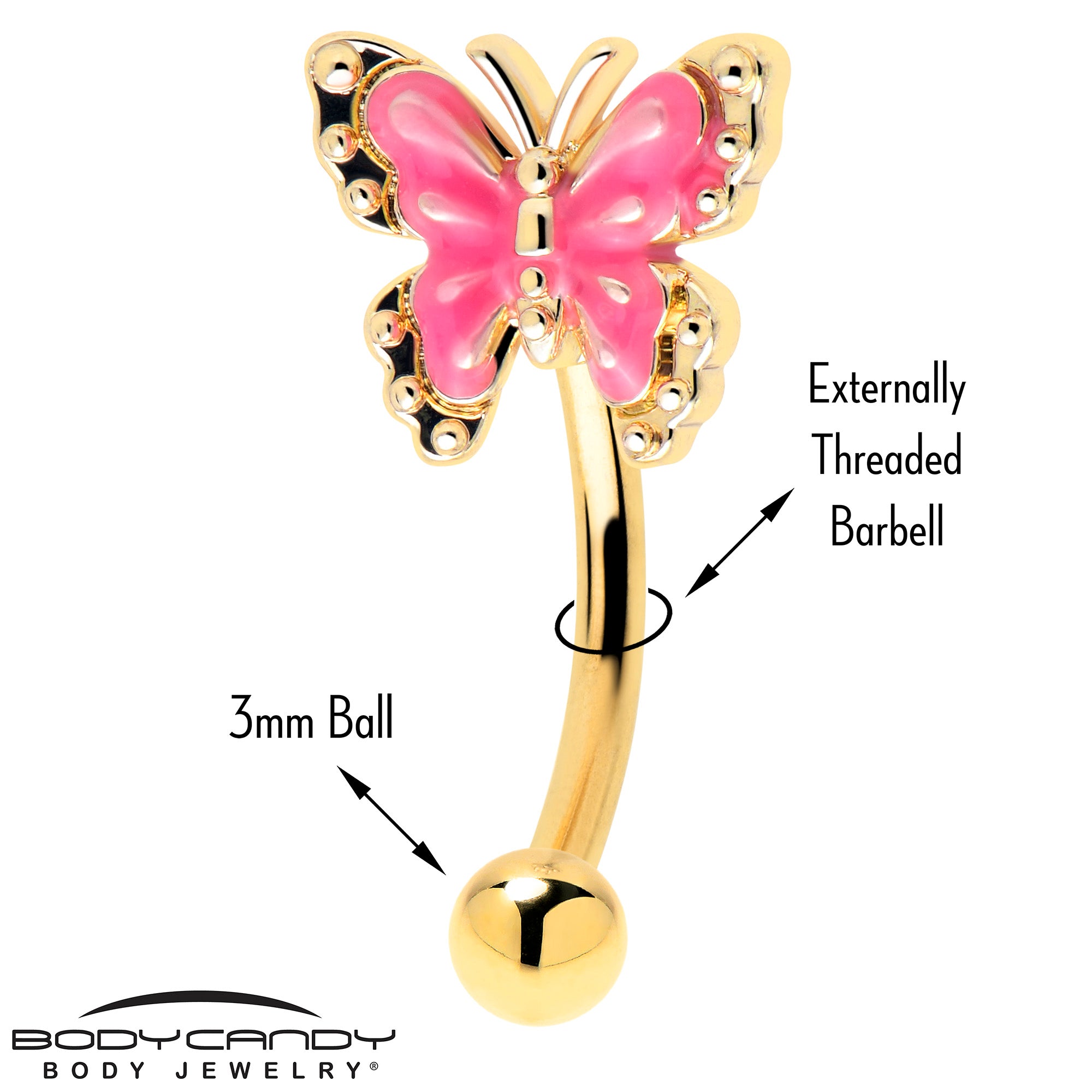 Gold Tone Butterfly Pink Splash 16 Gauge Curved Eyebrow Ring