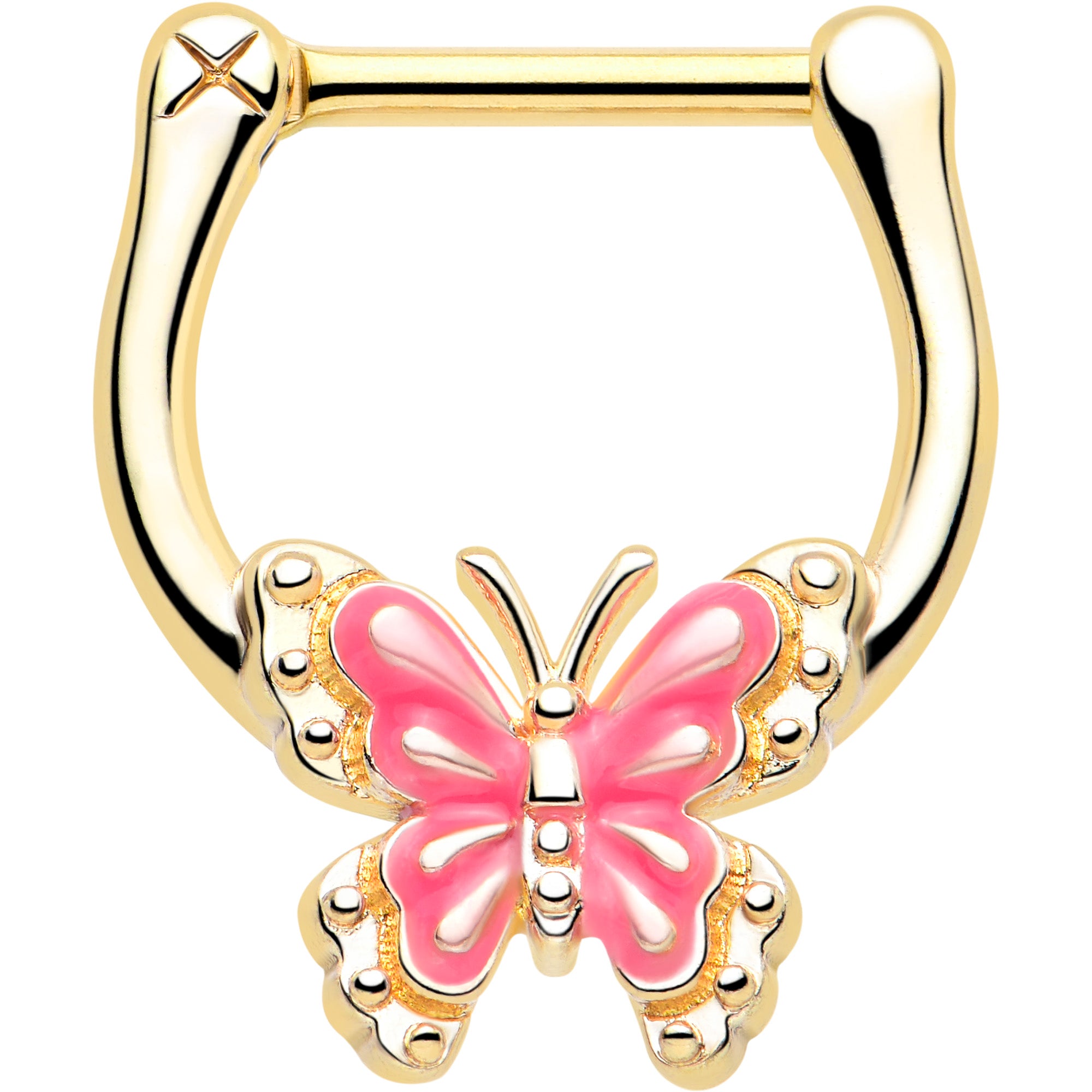 16 Gauge 5/16 Gold Tone Butterfly Pink Splash Cartilage Clicker