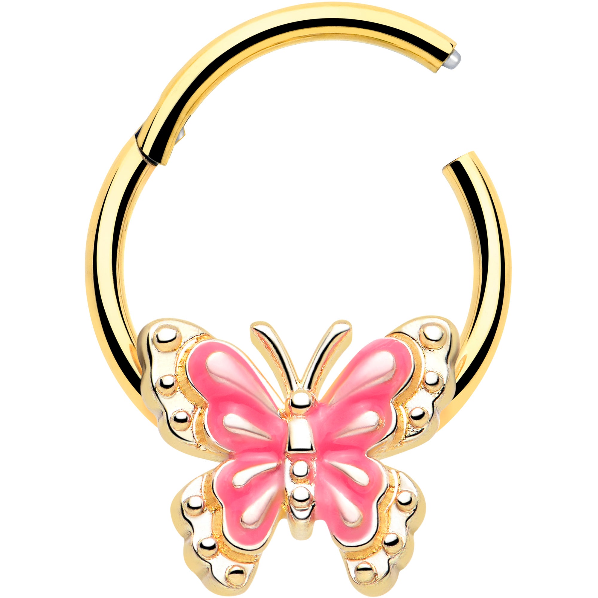 Pink splash butterfly cartilage hoop earring gold tone