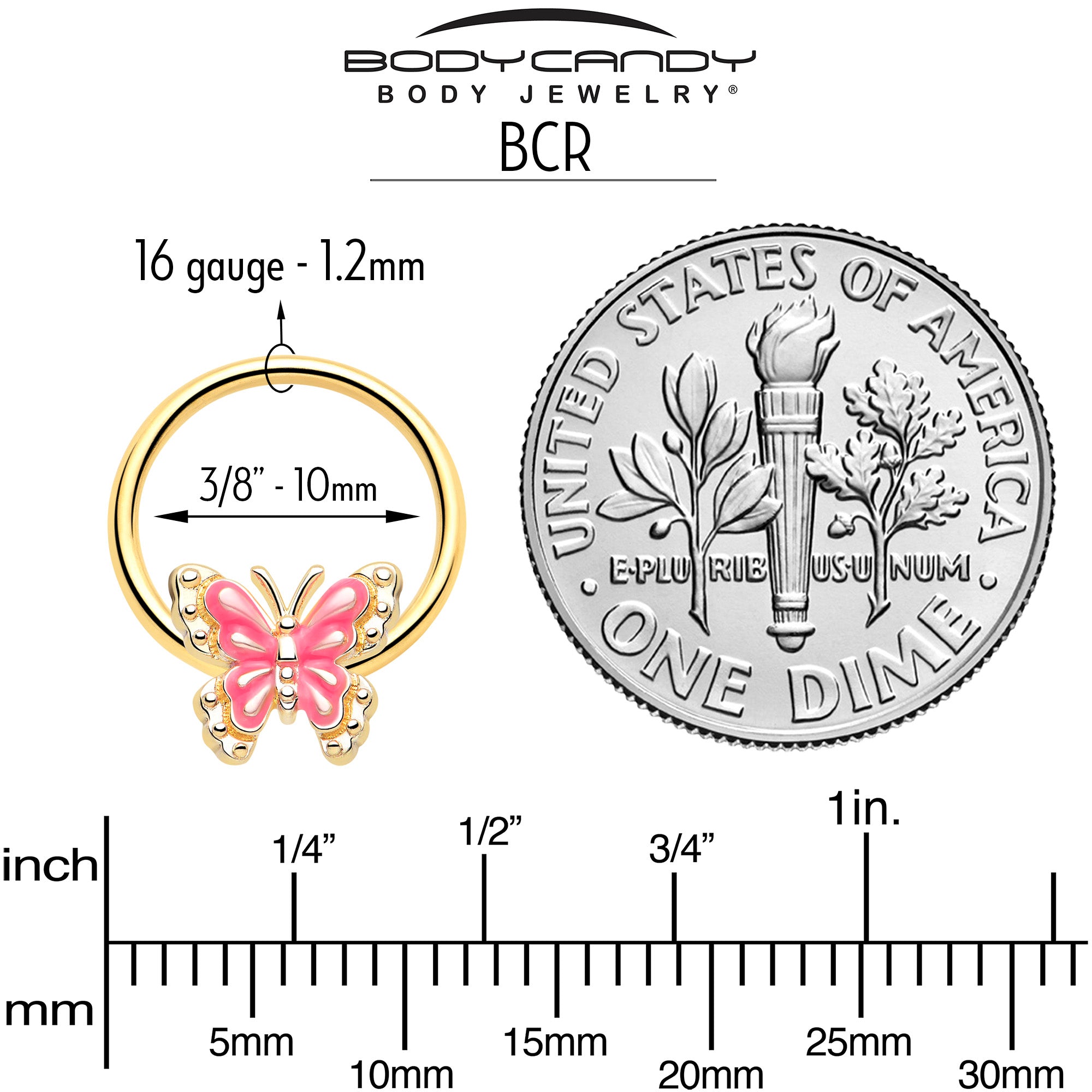 16 Gauge BCR Captive Charm Ring Gold Tone Butterfly Pink Splash