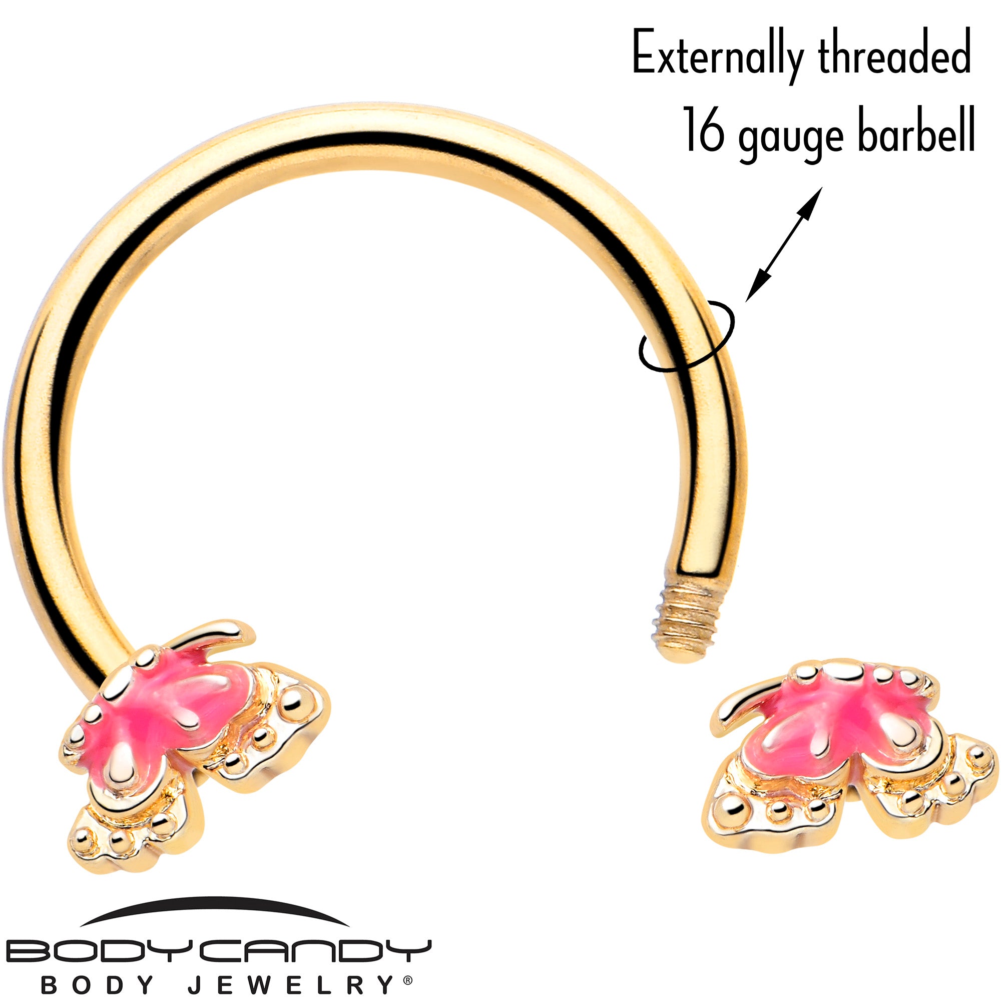Gold Tone Butterfly Pink Splash Horseshoe Circular Barbell 16 Gauge