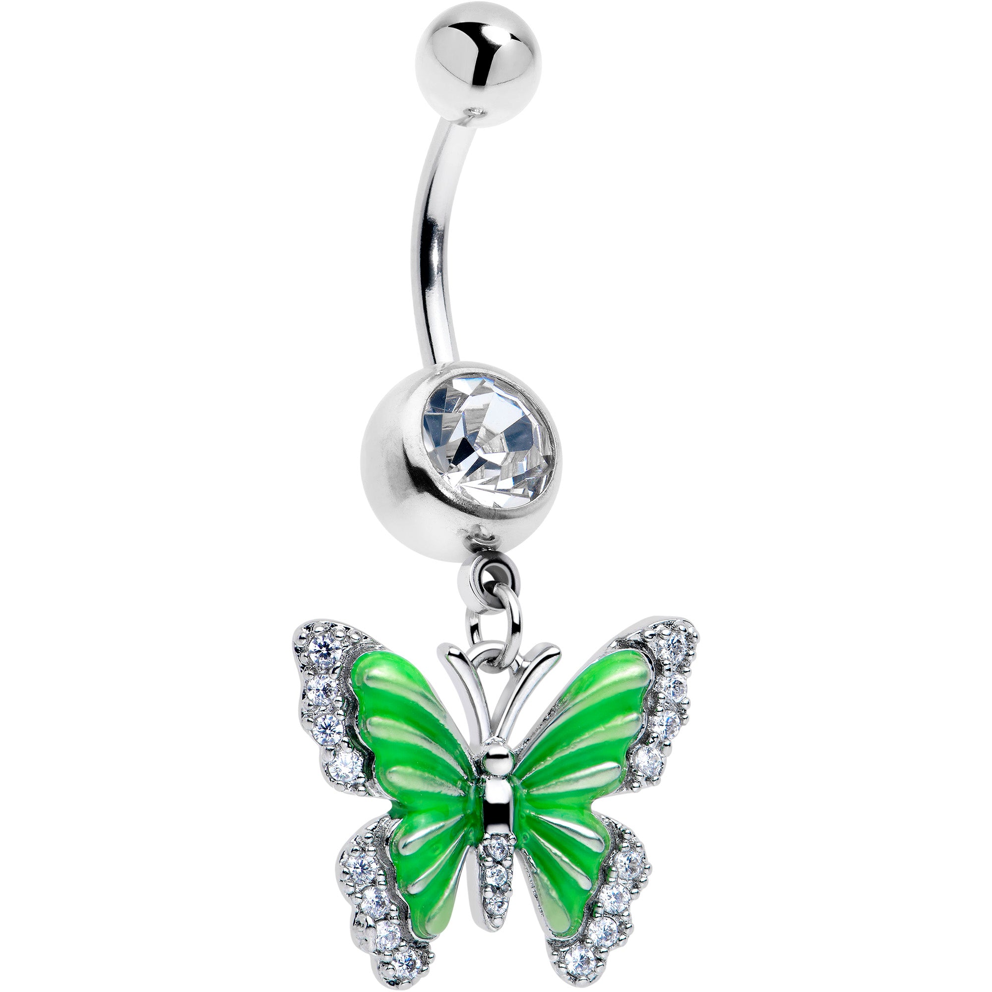 Clear CZ Gem Butterfly Green Dangle Belly Ring