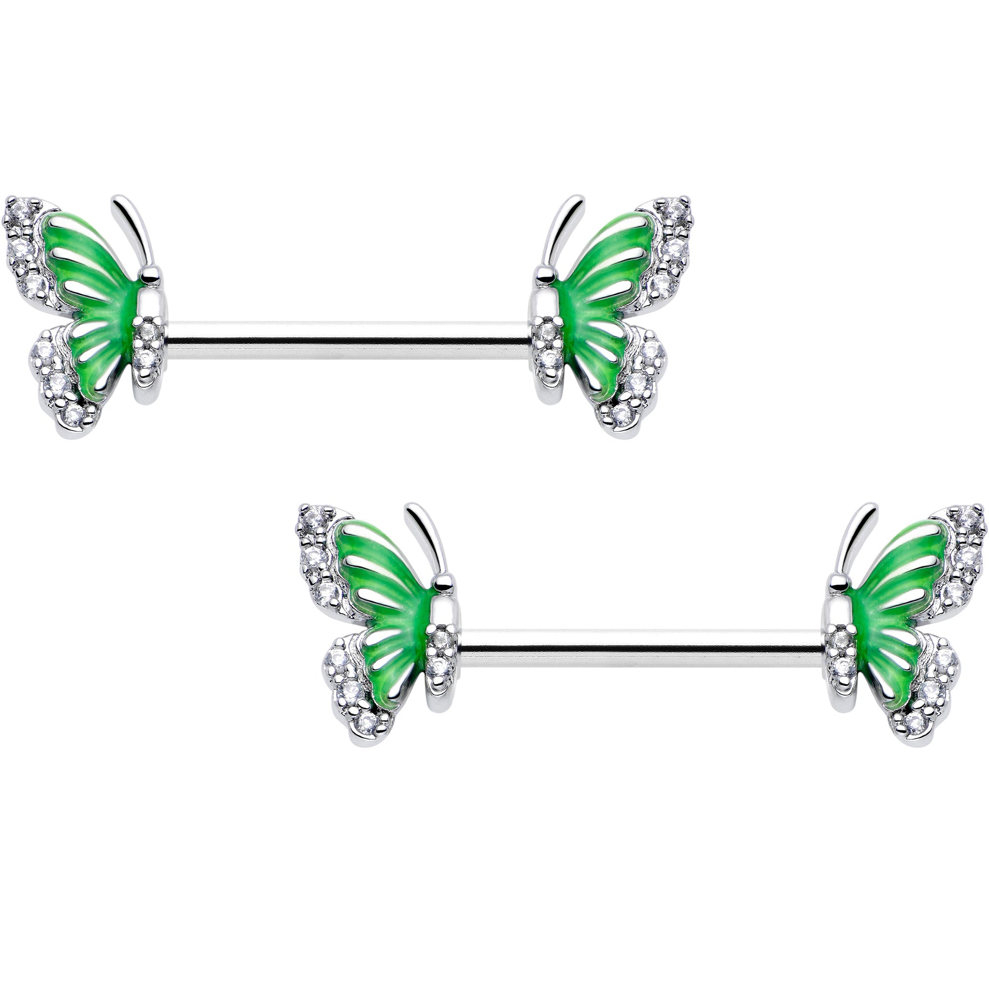 14 Gauge Clear CZ Gem Butterfly Green Barbell Nipple Ring Set