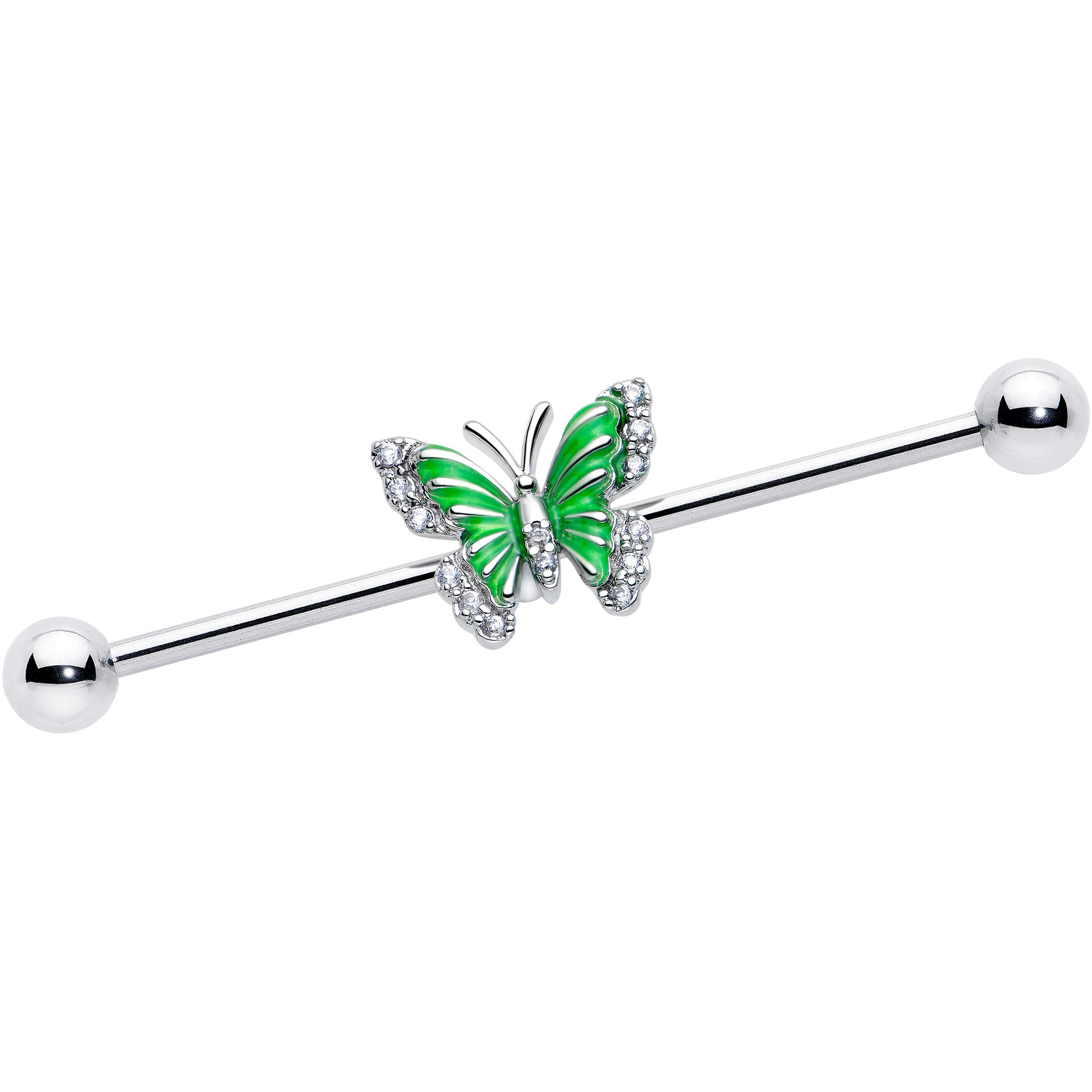 14 Gauge Clear CZ Gem Butterfly Green Industrial Barbell