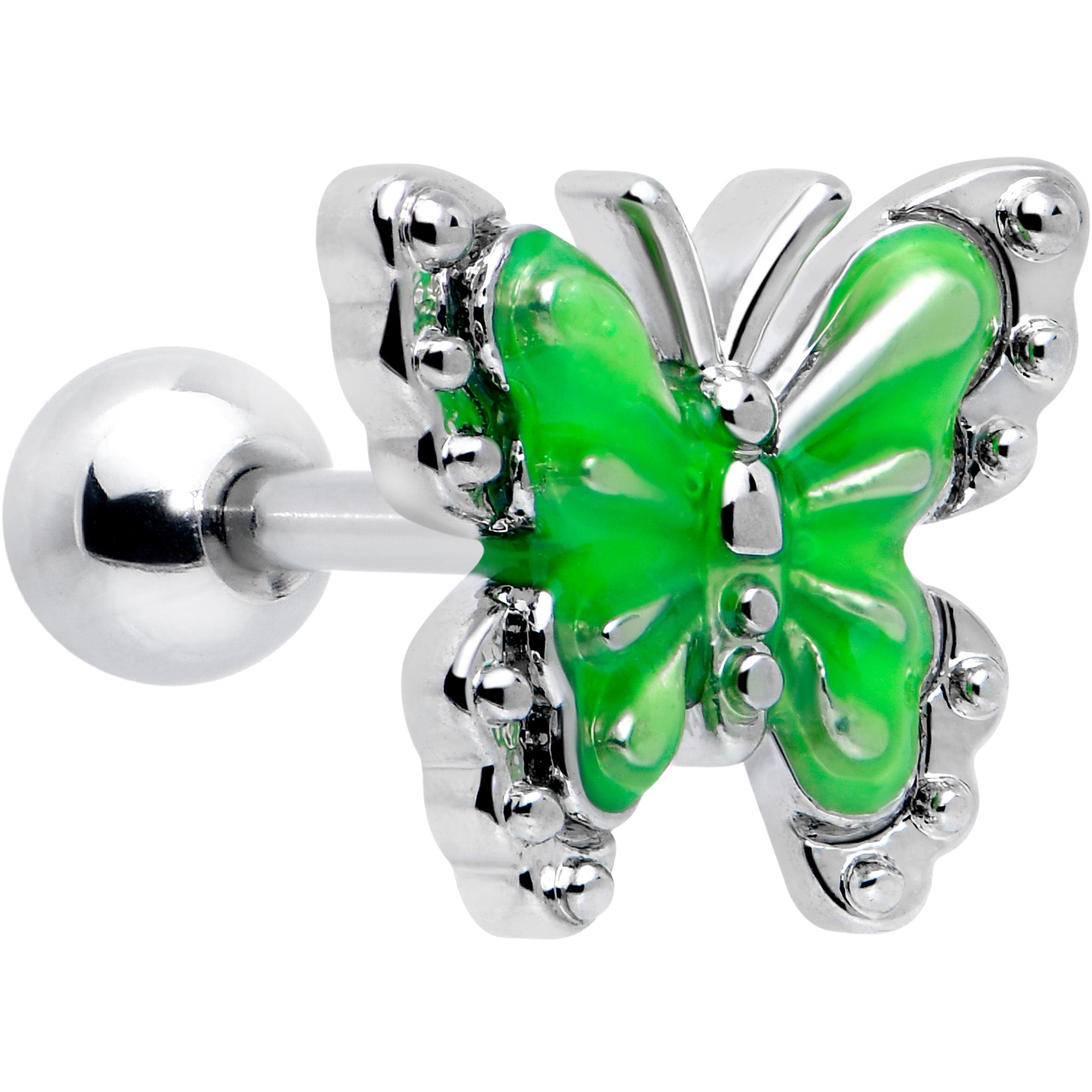 16 Gauge Butterfly Green Splash Cartilage Tragus Earring