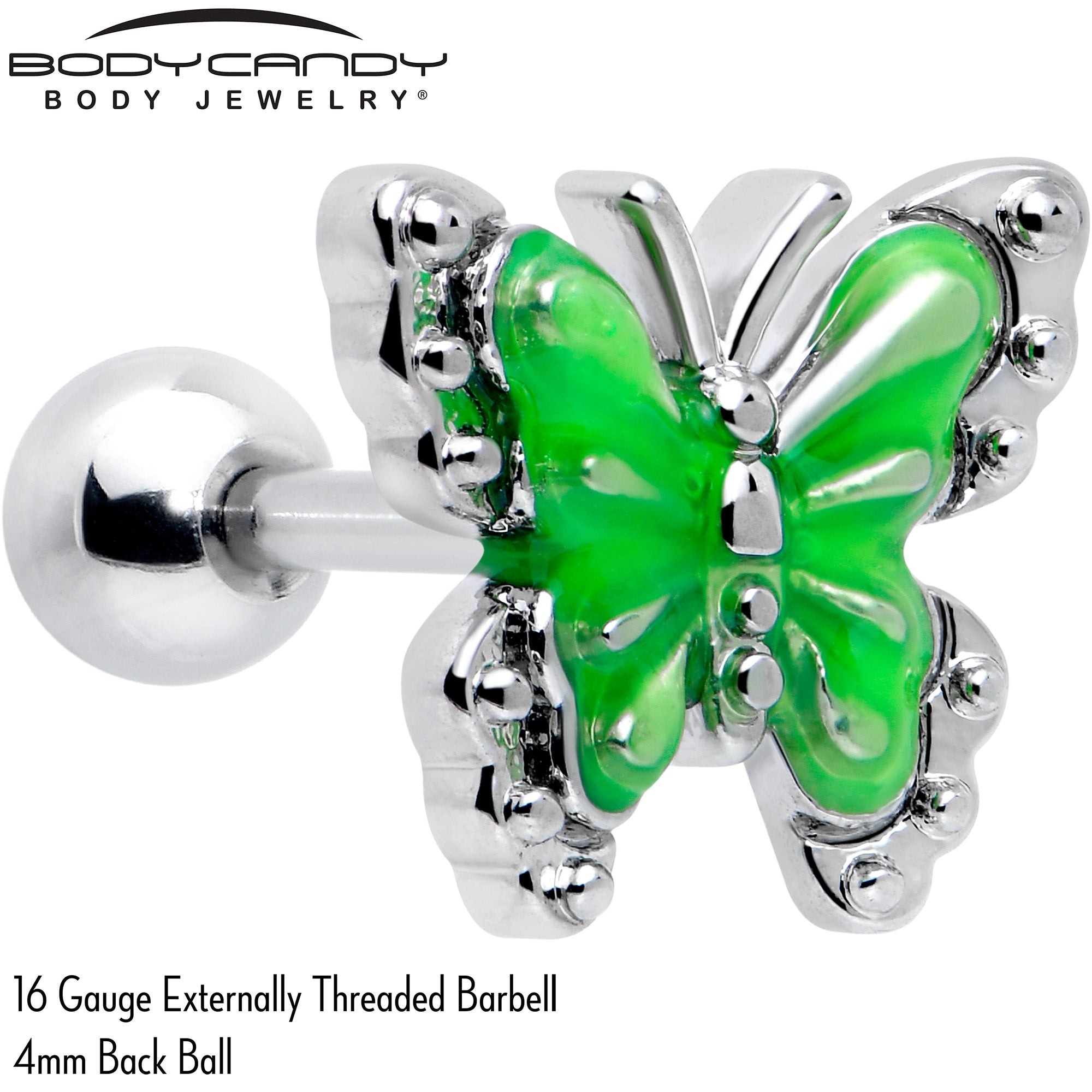 16 Gauge Butterfly Earring for Cartilage Tragus Green Splash Design