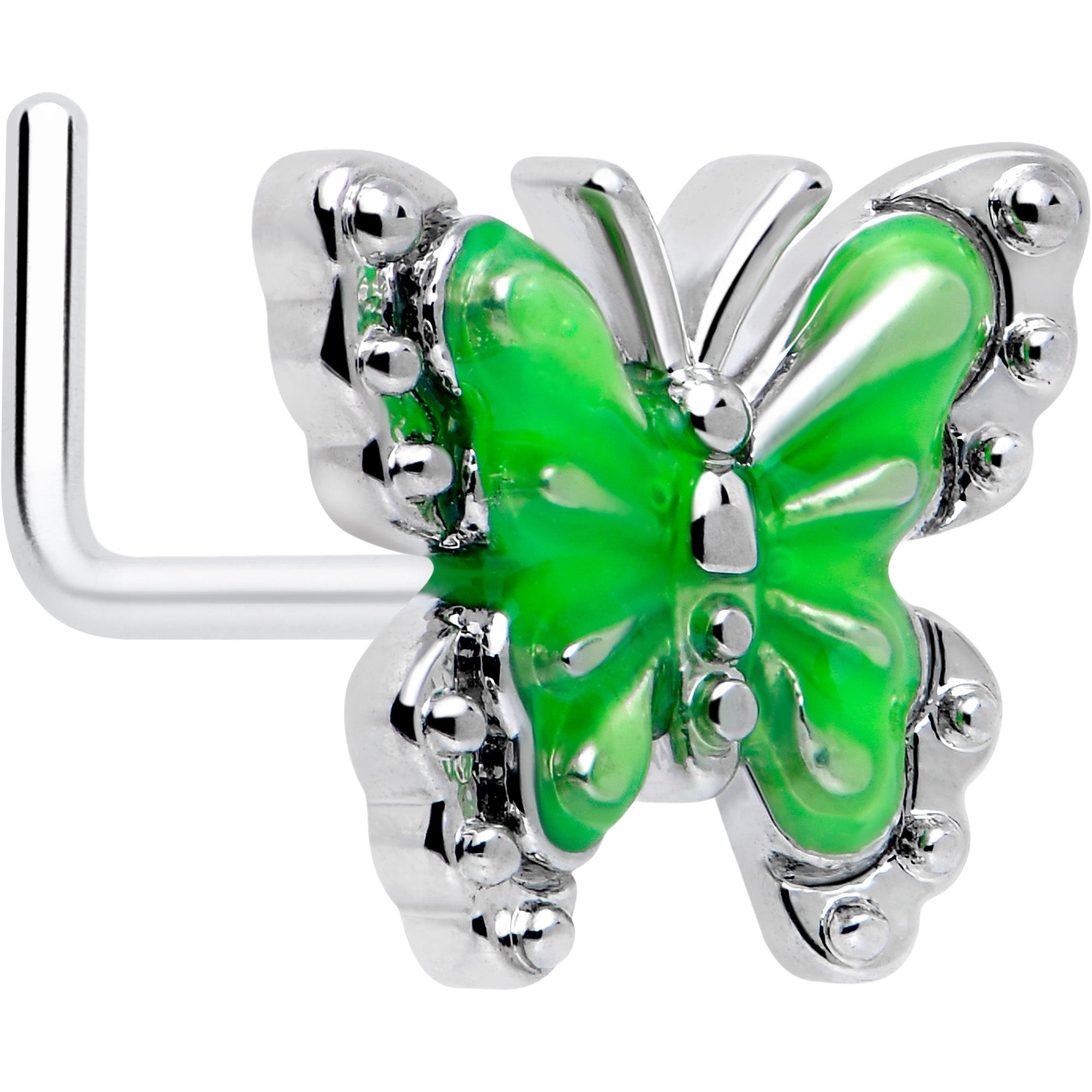 20 Gauge 7mm Butterfly Green Splash L Shape Nose Ring