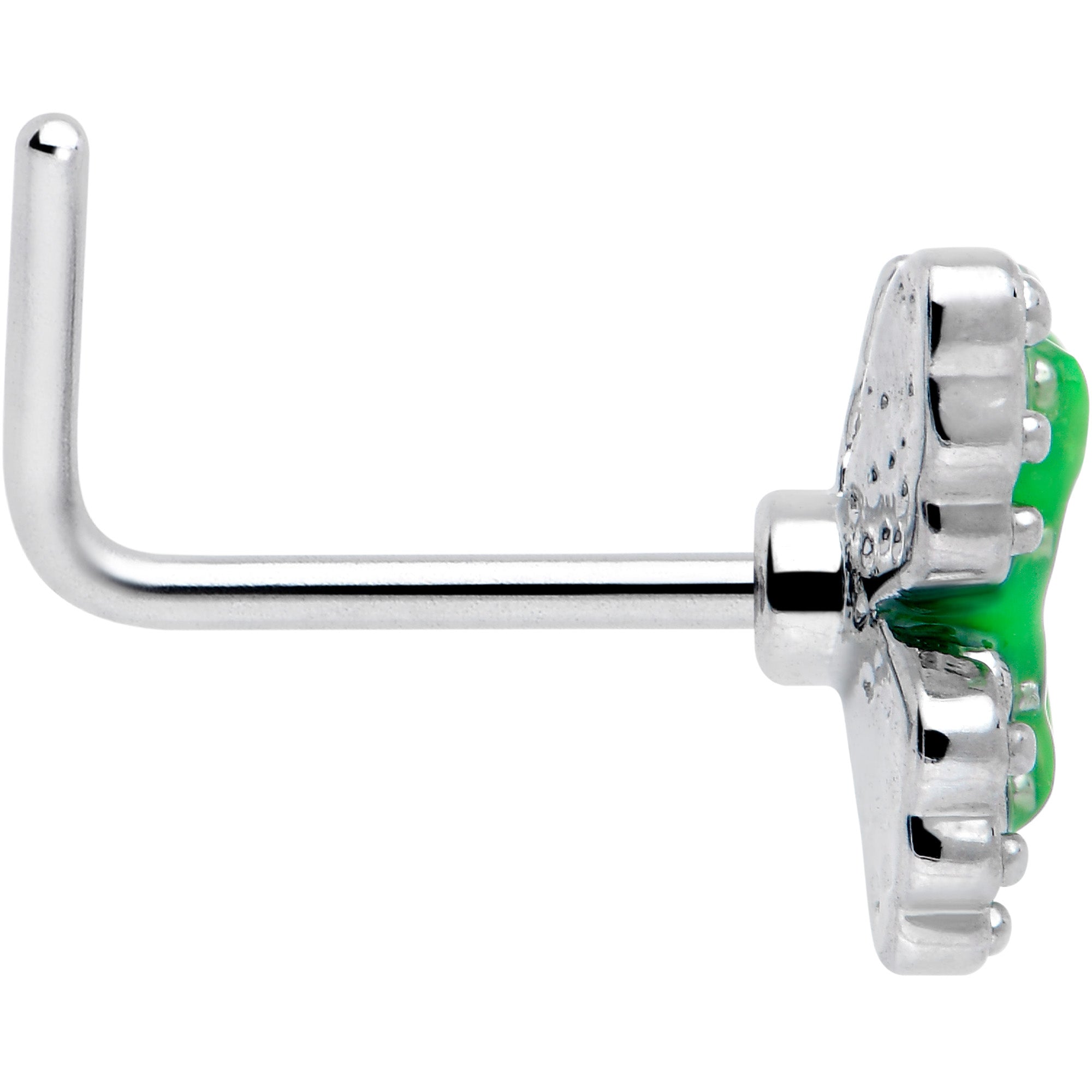 Green Splash Butterfly L Shape Nose Ring 20 Gauge 7mm