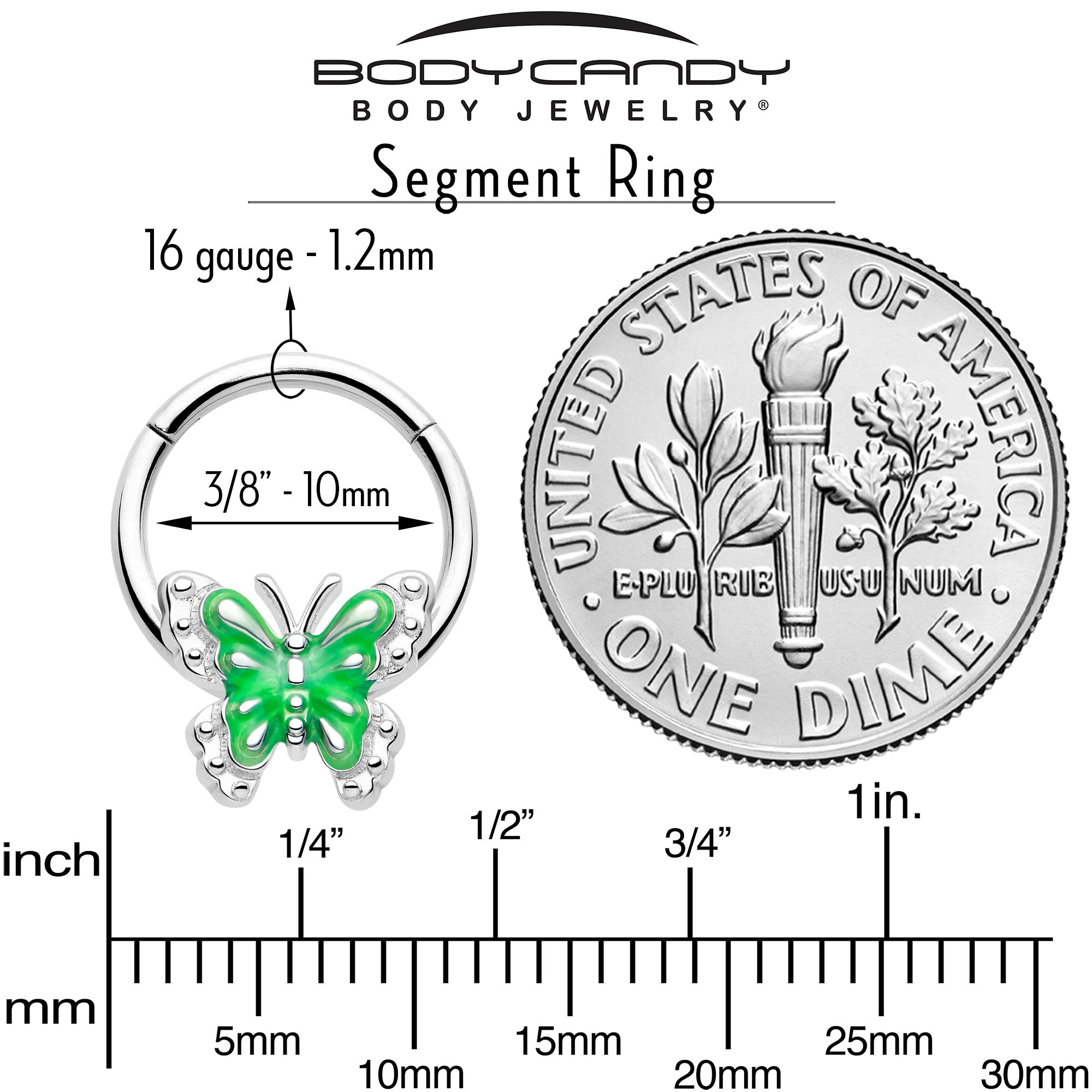 Butterfly Green Splash Hinged Segment Ring 16 Gauge