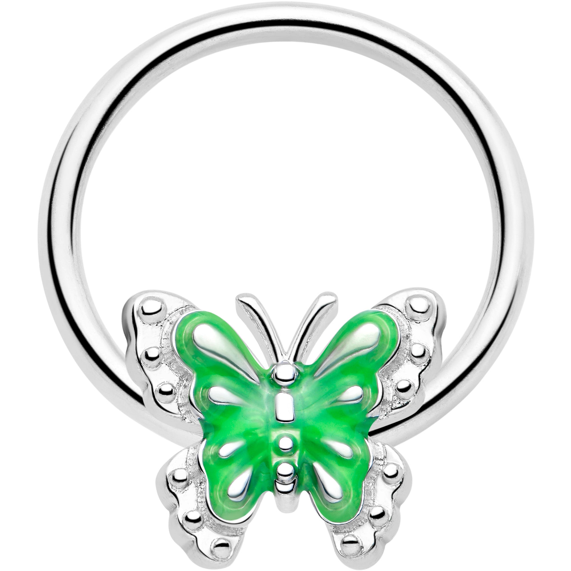 16 Gauge 3/8 Butterfly Green Splash Captive Charm Ring