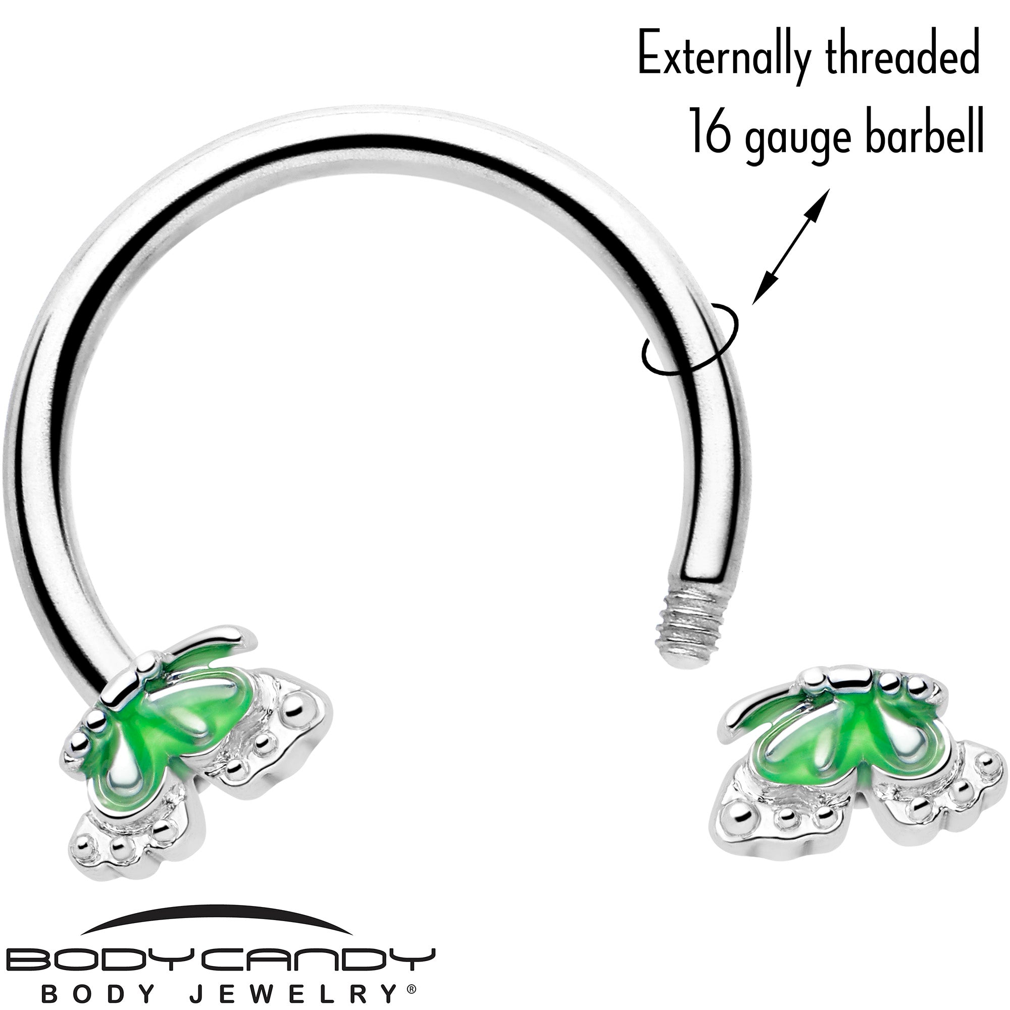 3/8 Butterfly Green Splash Horseshoe Circular Barbell