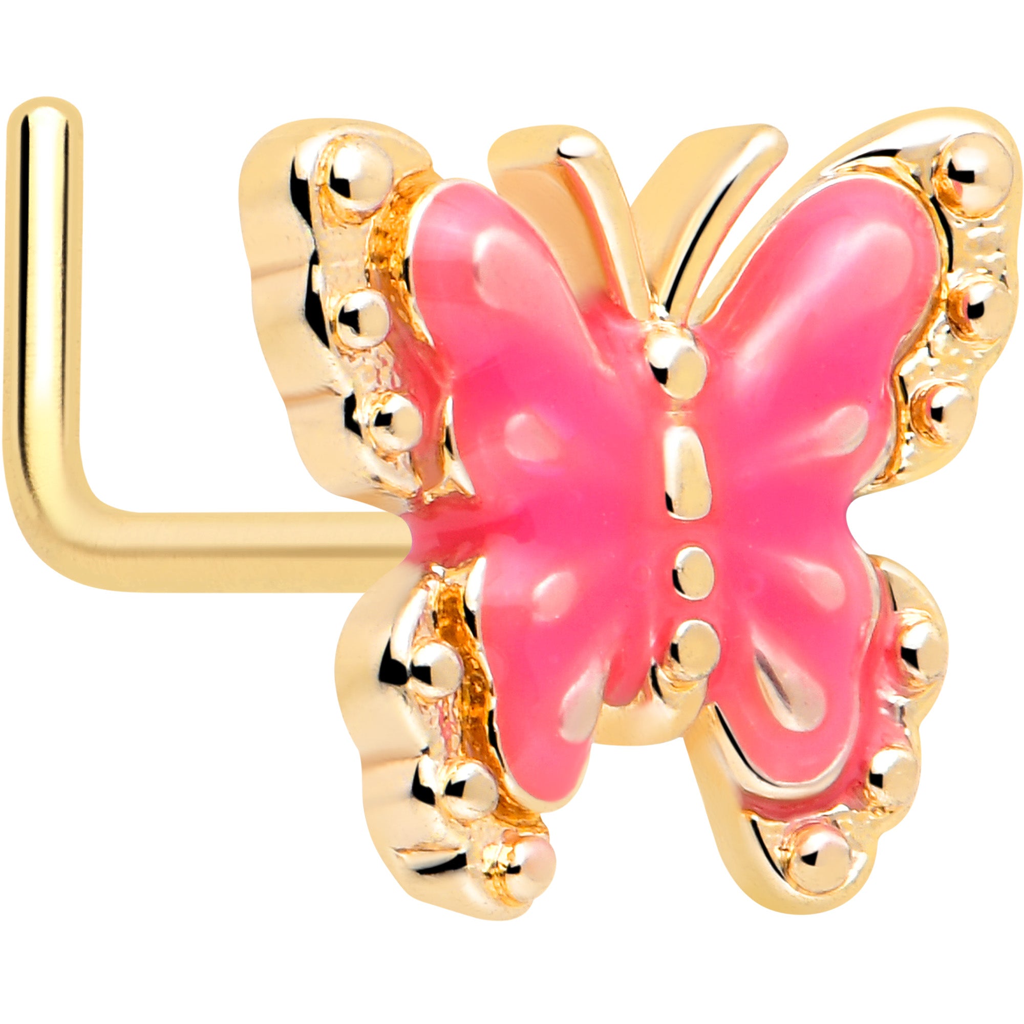 20g gold tone butterfly pink splash l shape nose ring