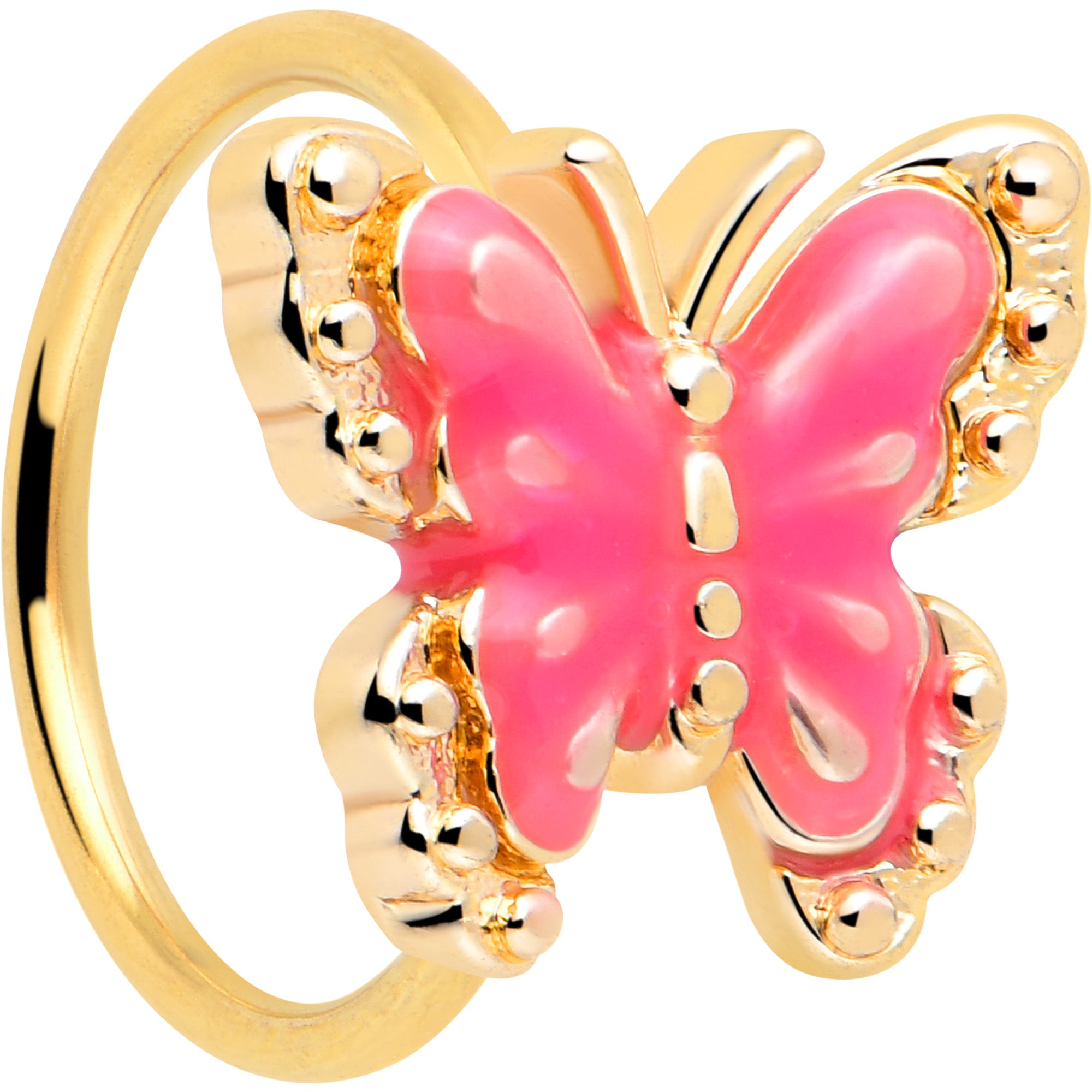 20 Gauge 5/16 Gold Tone Butterfly Pink Splash Nose Hoop