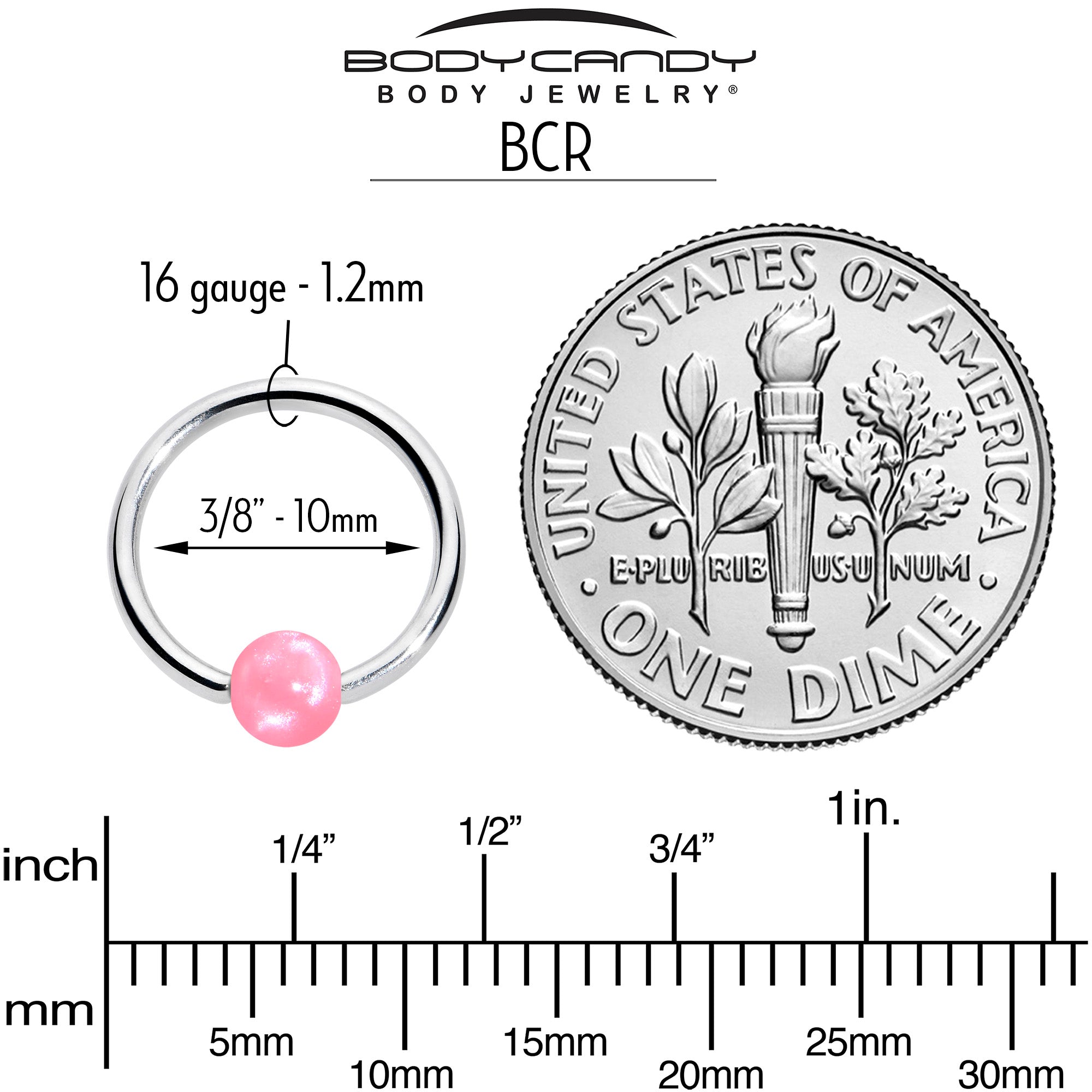 16G 3/8 Simple Opaque Pink Ball BCR Captive Bead Ring