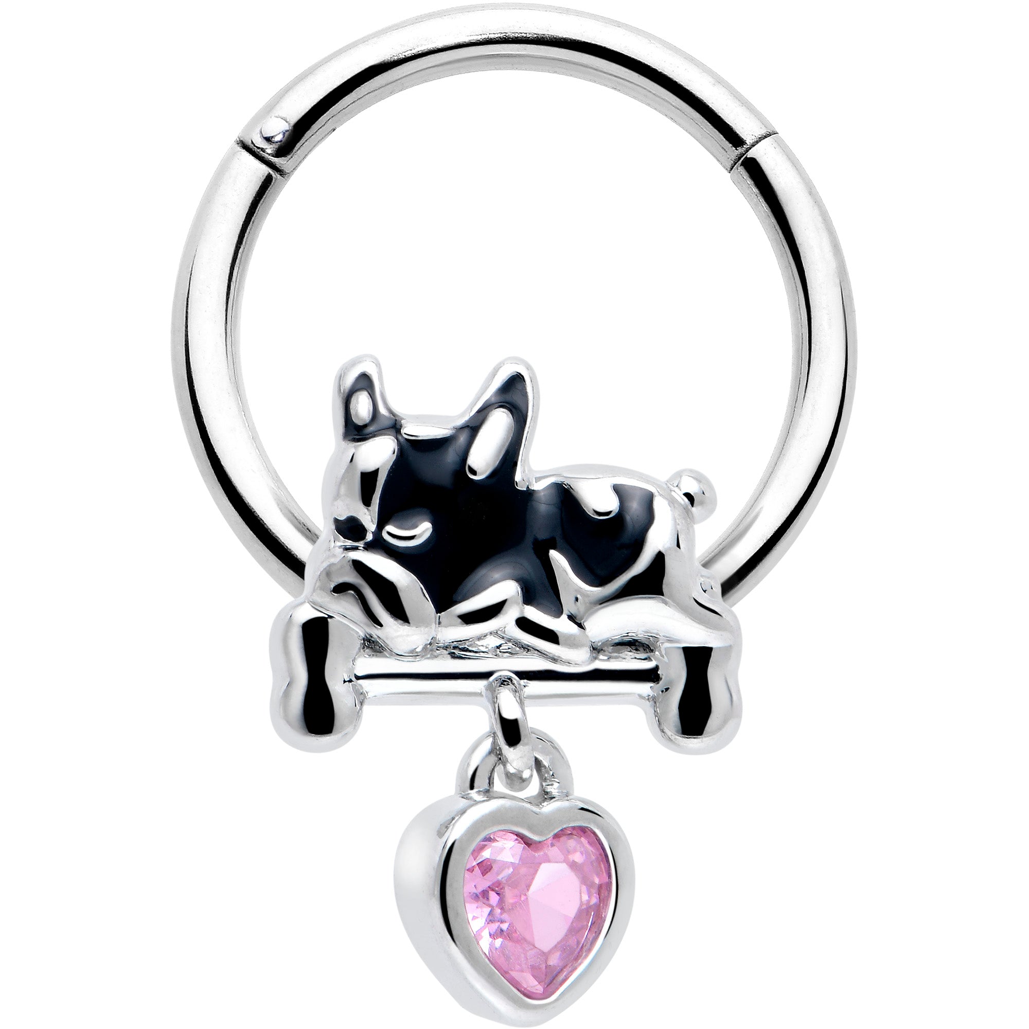 16 Gauge 3/8 Pink CZ Gem Sleepy French Bulldog Dangle Hinged Segment Ring