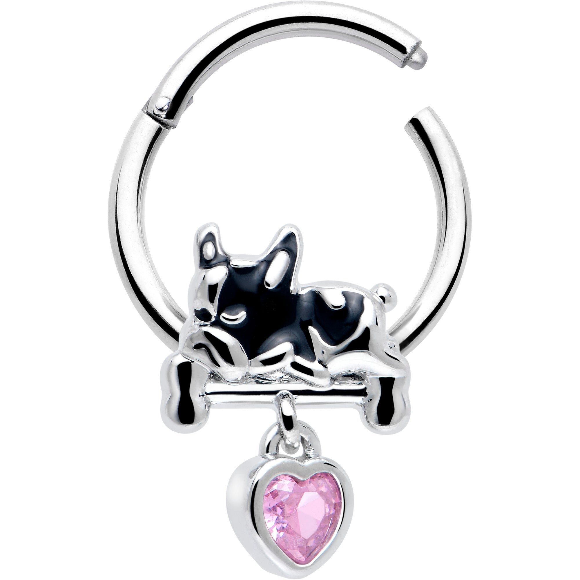 Pink CZ Gem Sleepy French Bulldog Dangle Hinged Segment Ring 16 Gauge 3/8