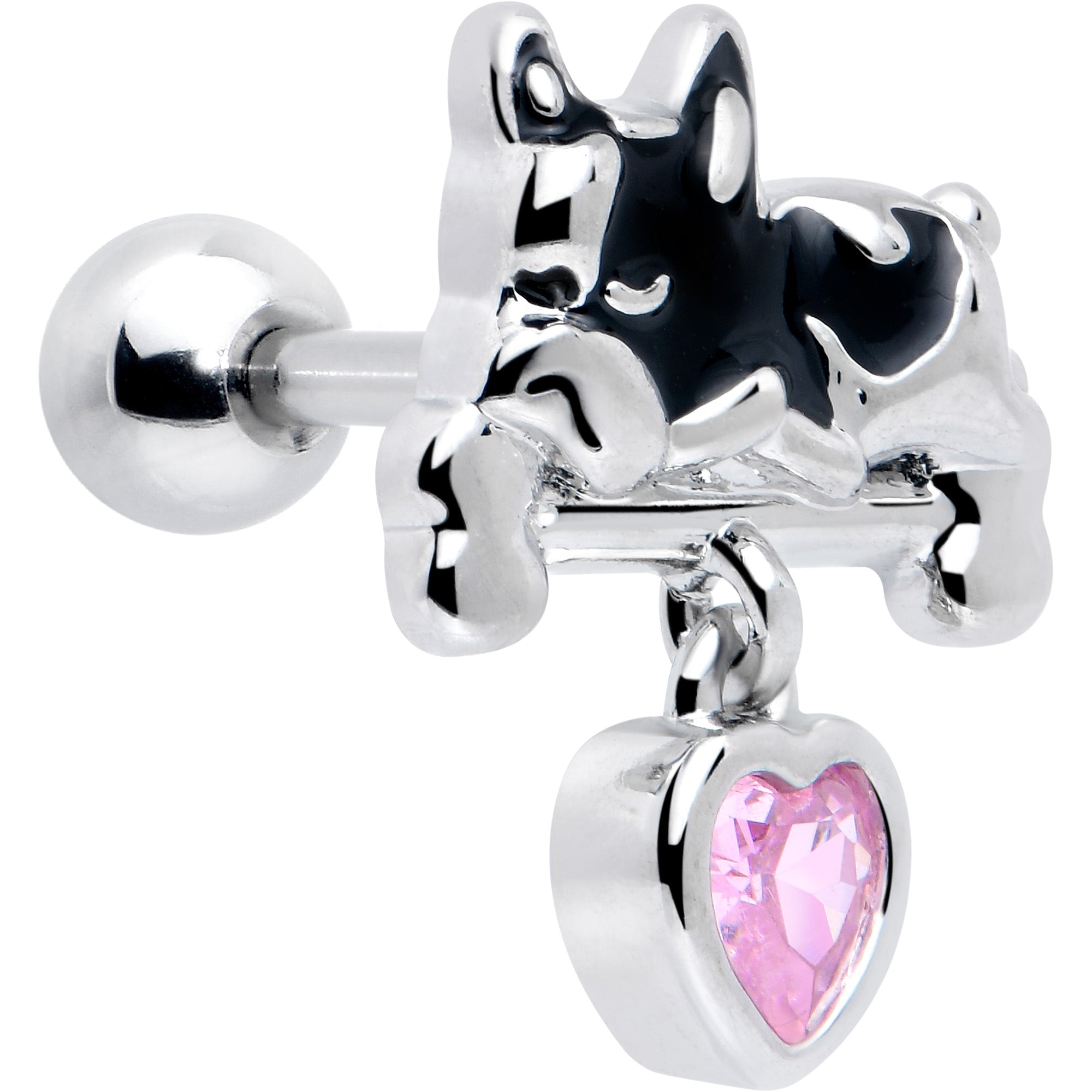 16 Gauge 1/4 Pink CZ Gem Sleepy French Bulldog Dangle Cartilage Earring