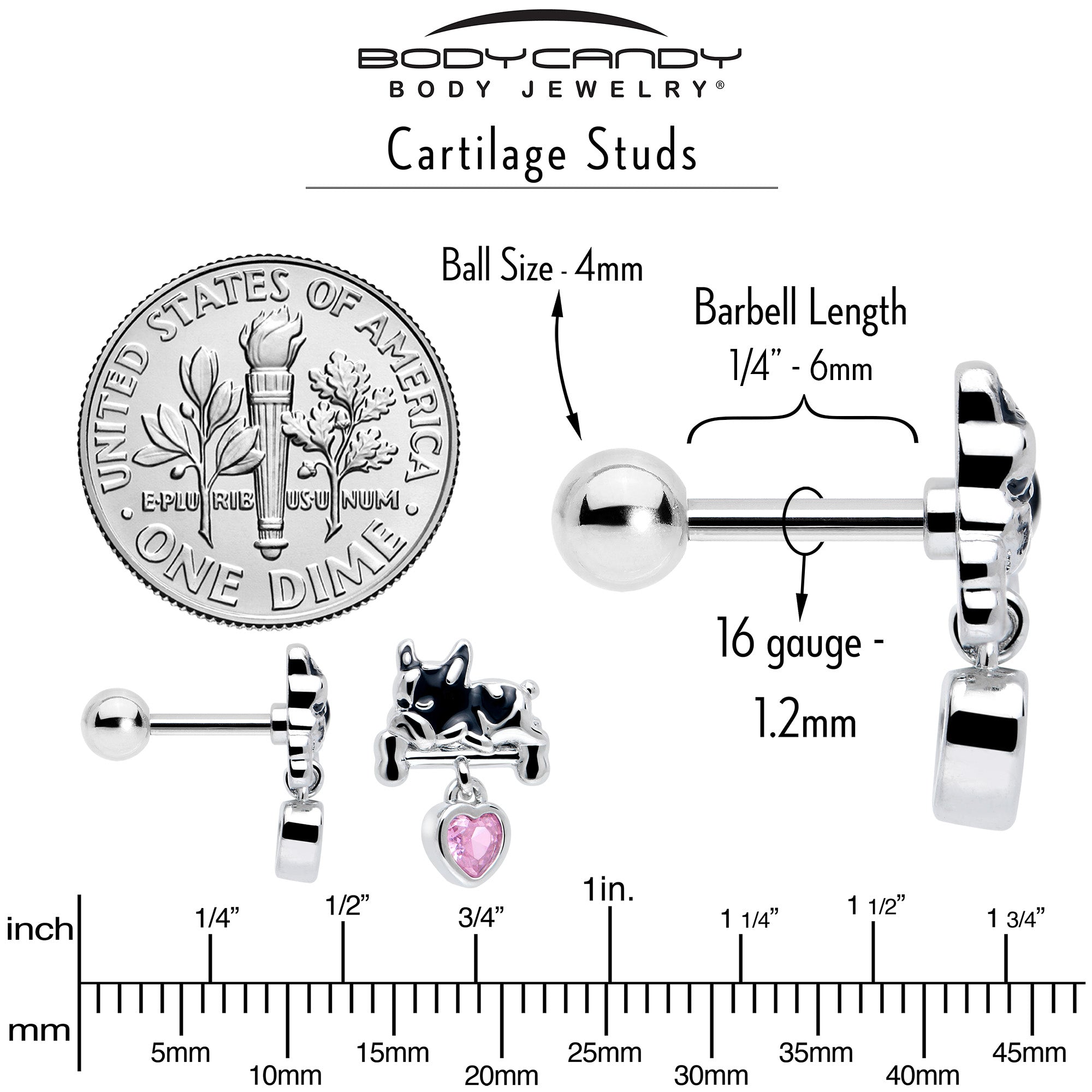 16 Gauge Cartilage Earring Pink CZ Gem Sleepy French Bulldog Dangle