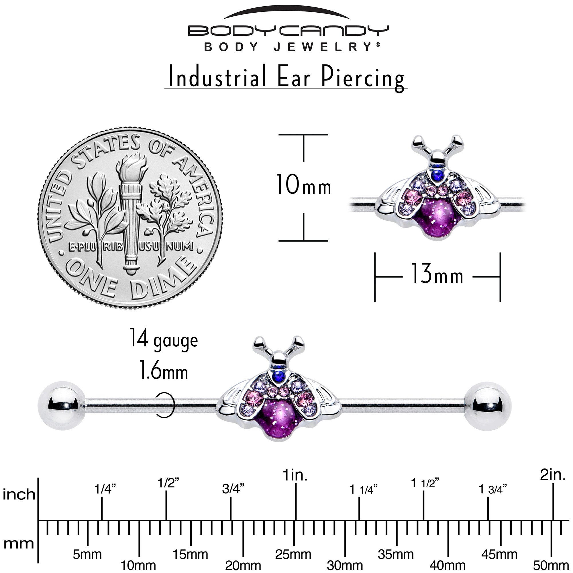 38mm Pink Blue Gem Insect Industrial Barbell 14 Gauge